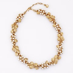 Gold Leaf and Pearl Cluster Choker Necklace By Crown Trifari, 1960s