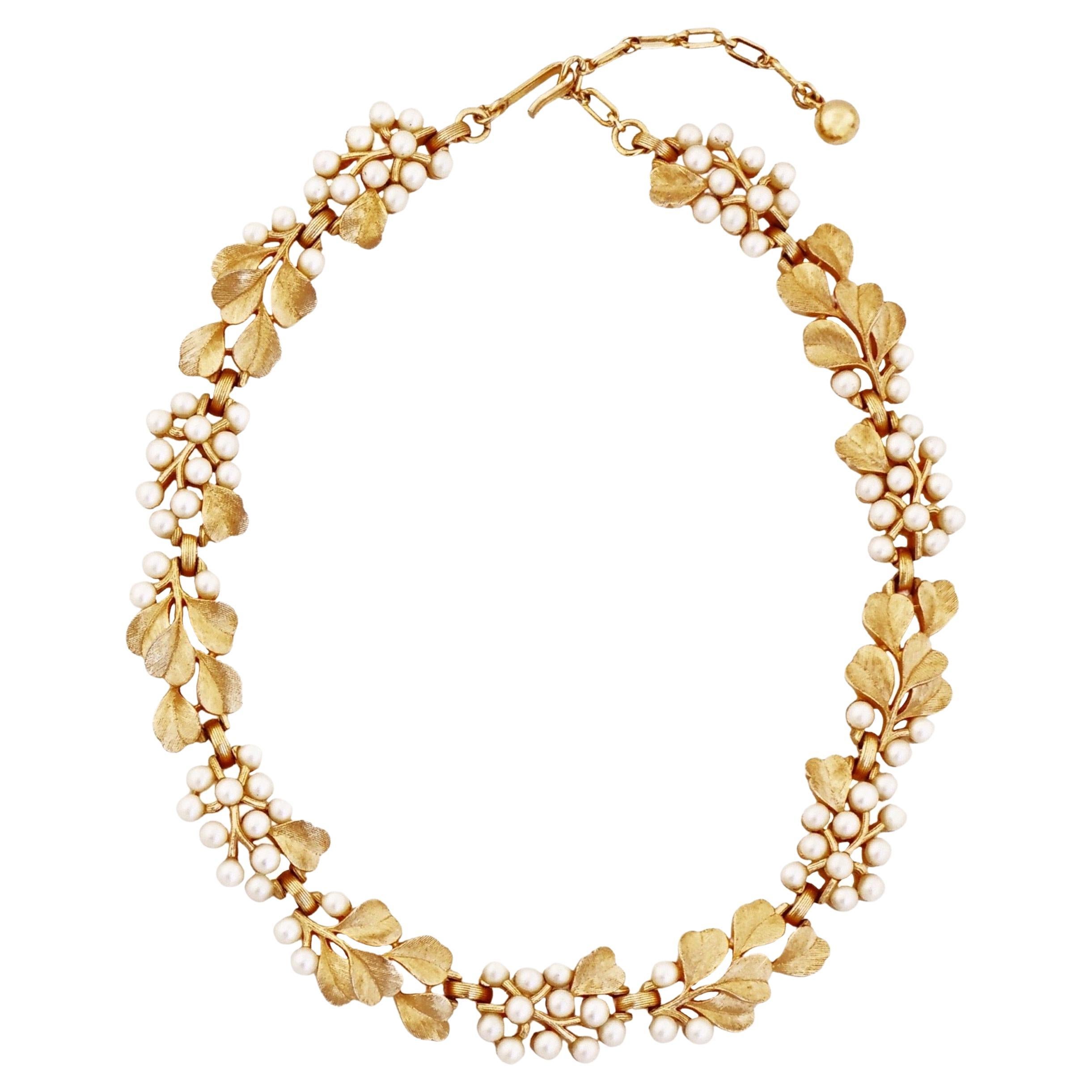 Gold Leaf and Pearl Cluster Choker Necklace By Crown Trifari, 1960s
