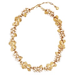 Vintage Gold Leaf and Pearl Cluster Choker Necklace By Crown Trifari, 1960s