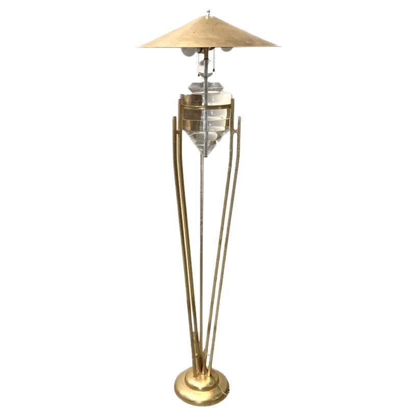 Gold Leaf Art Deco Style Iron & Lucite Floor Lamp For Sale