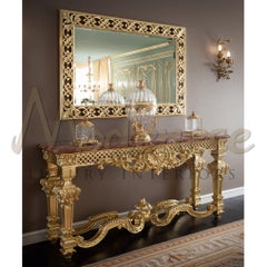 Gold Leaf Baroque Console with Carvings and Marble Top by Modenese Interiors