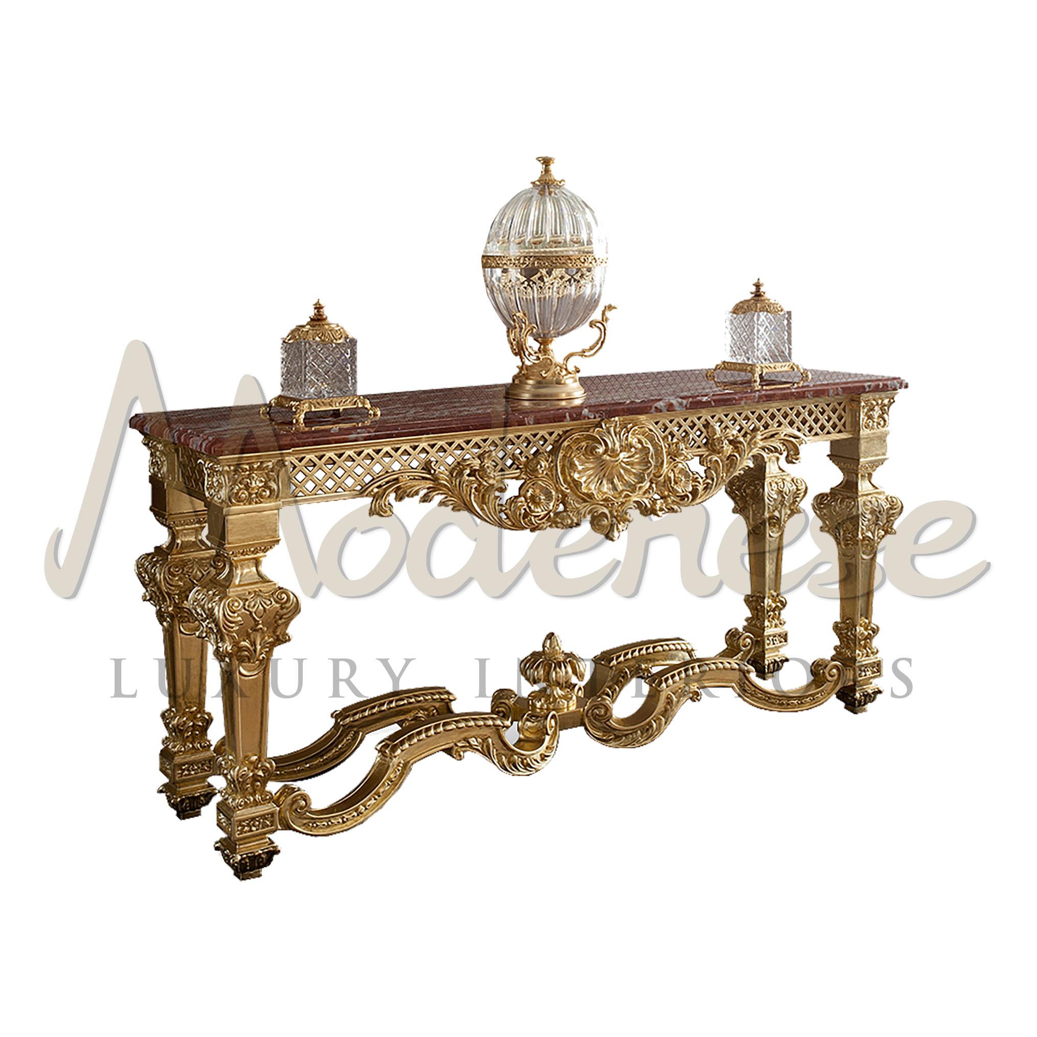 Polished Gold Leaf Baroque Console with Carvings and Marble Top by Modenese Interiors For Sale