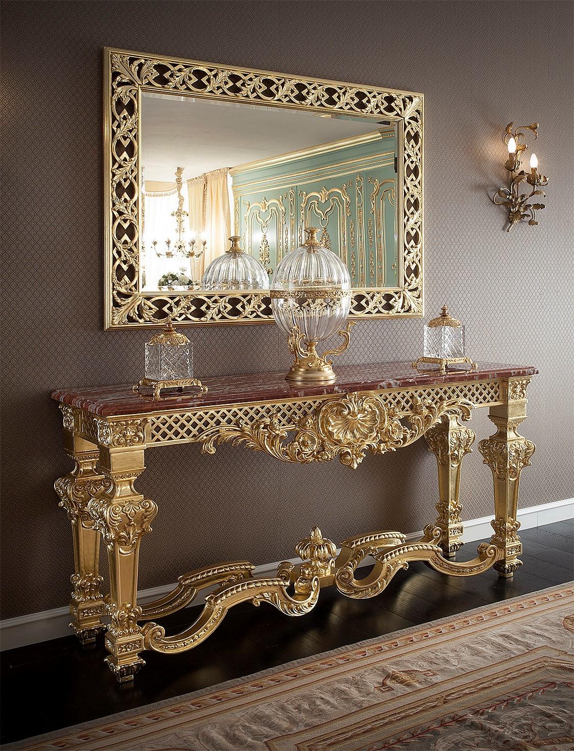 Contemporary Gold Leaf Baroque Console with Carvings and Marble Top by Modenese Interiors For Sale