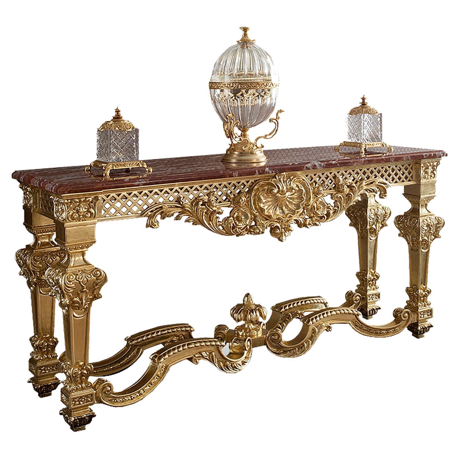 Gold Leaf Baroque Console with Carvings and Marble Top by Modenese Interiors For Sale