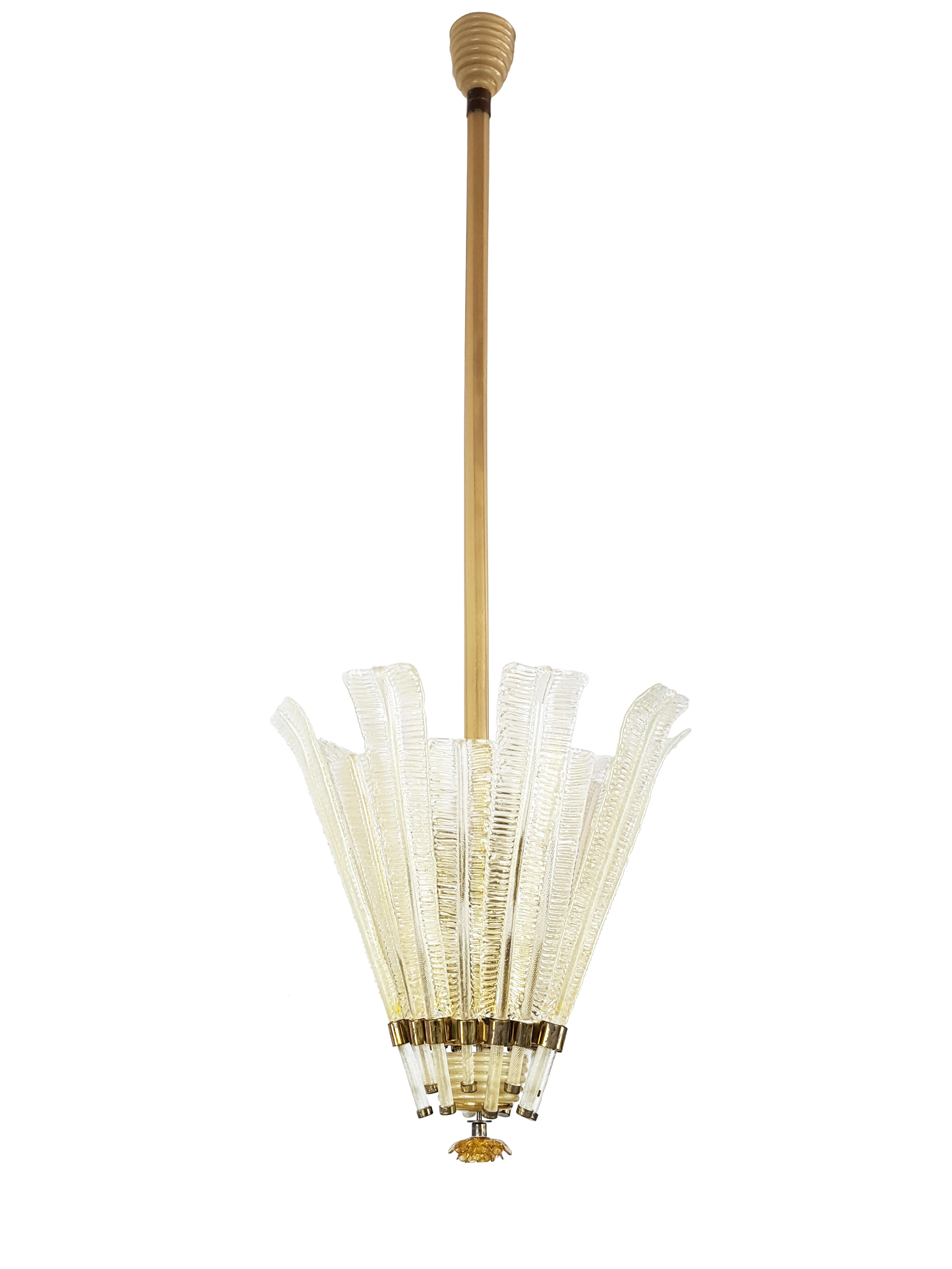 Gold Leaf, Beige Murano Glass & Brass 1933 Chandelier by Venini 5