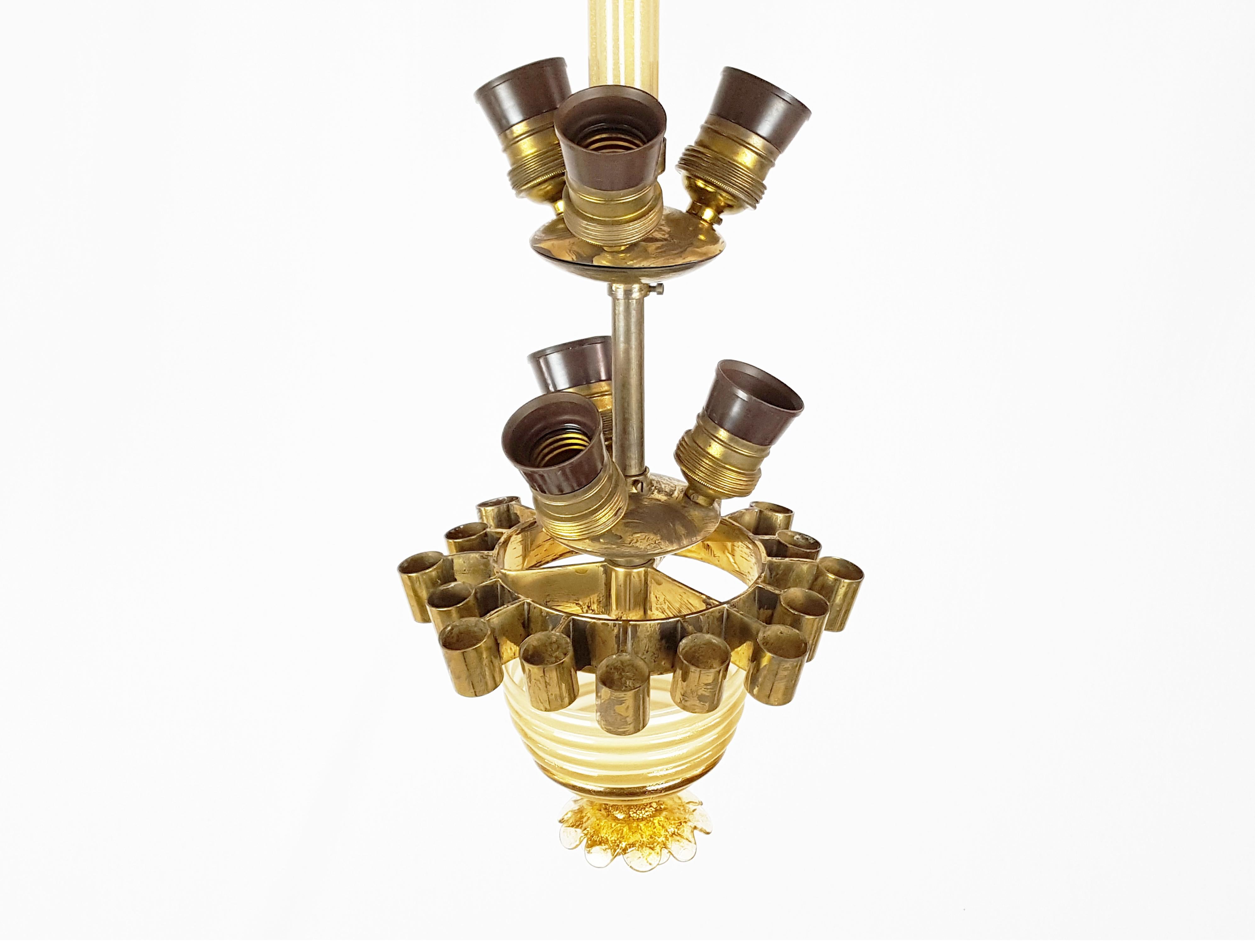 Gold Leaf, Beige Murano Glass & Brass 1933 Chandelier by Venini 8