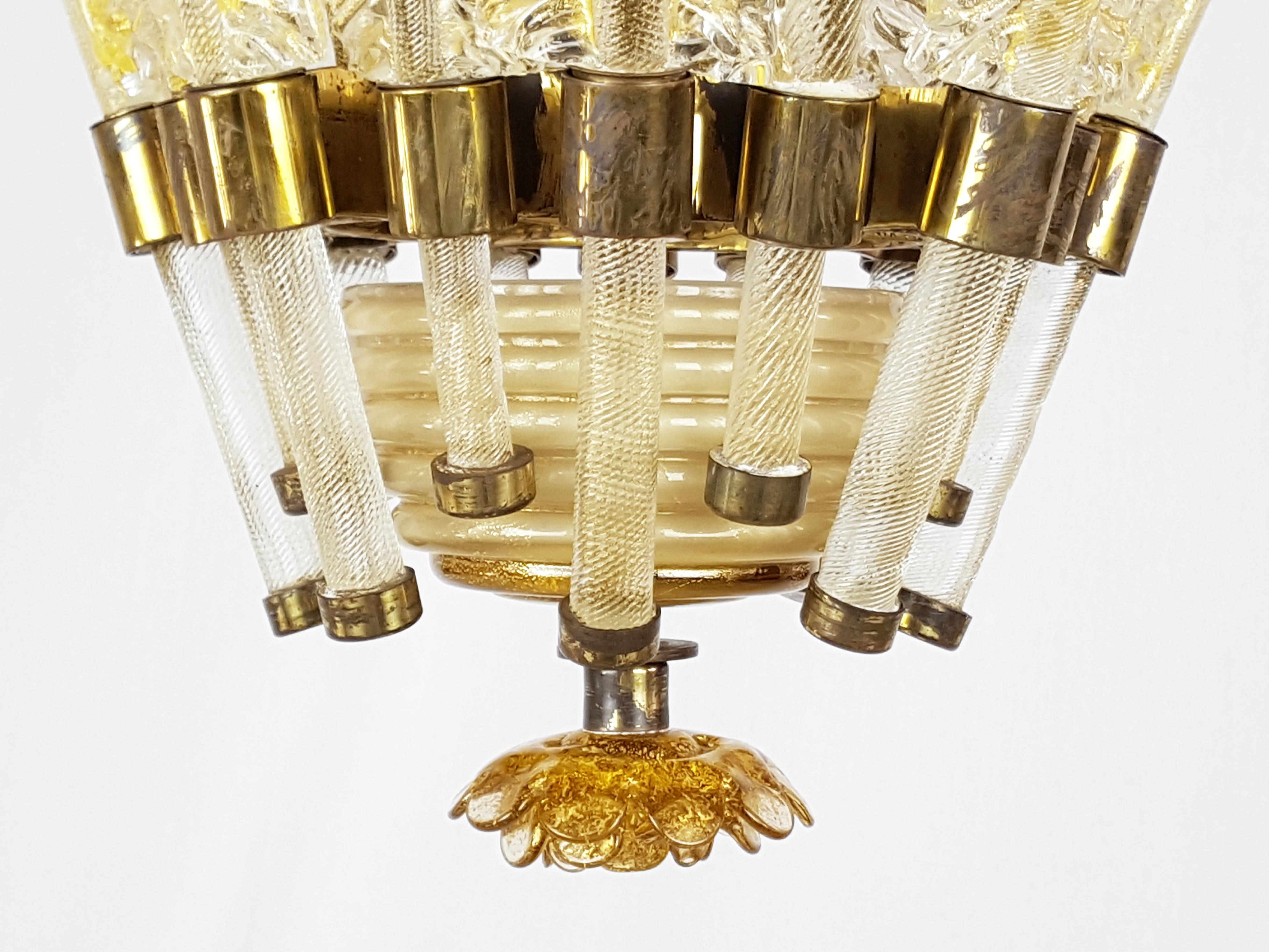 Art Deco Gold Leaf, Beige Murano Glass & Brass 1933 Chandelier by Venini