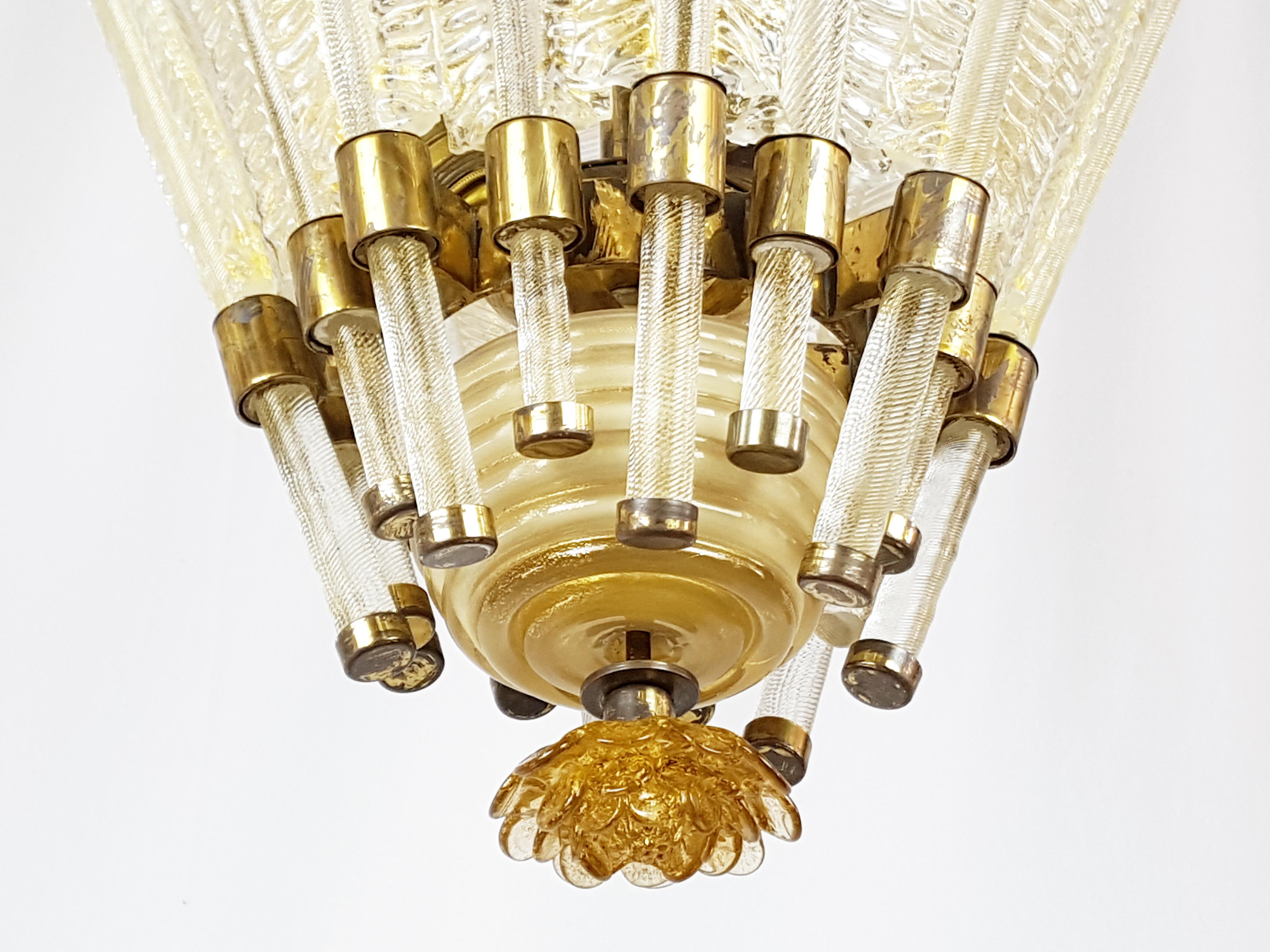 Hand-Crafted Gold Leaf, Beige Murano Glass & Brass 1933 Chandelier by Venini