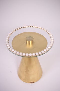 Gold-Leaf Brass-Rimmed Pearl-Studded Handcrafted Side/Accent Table