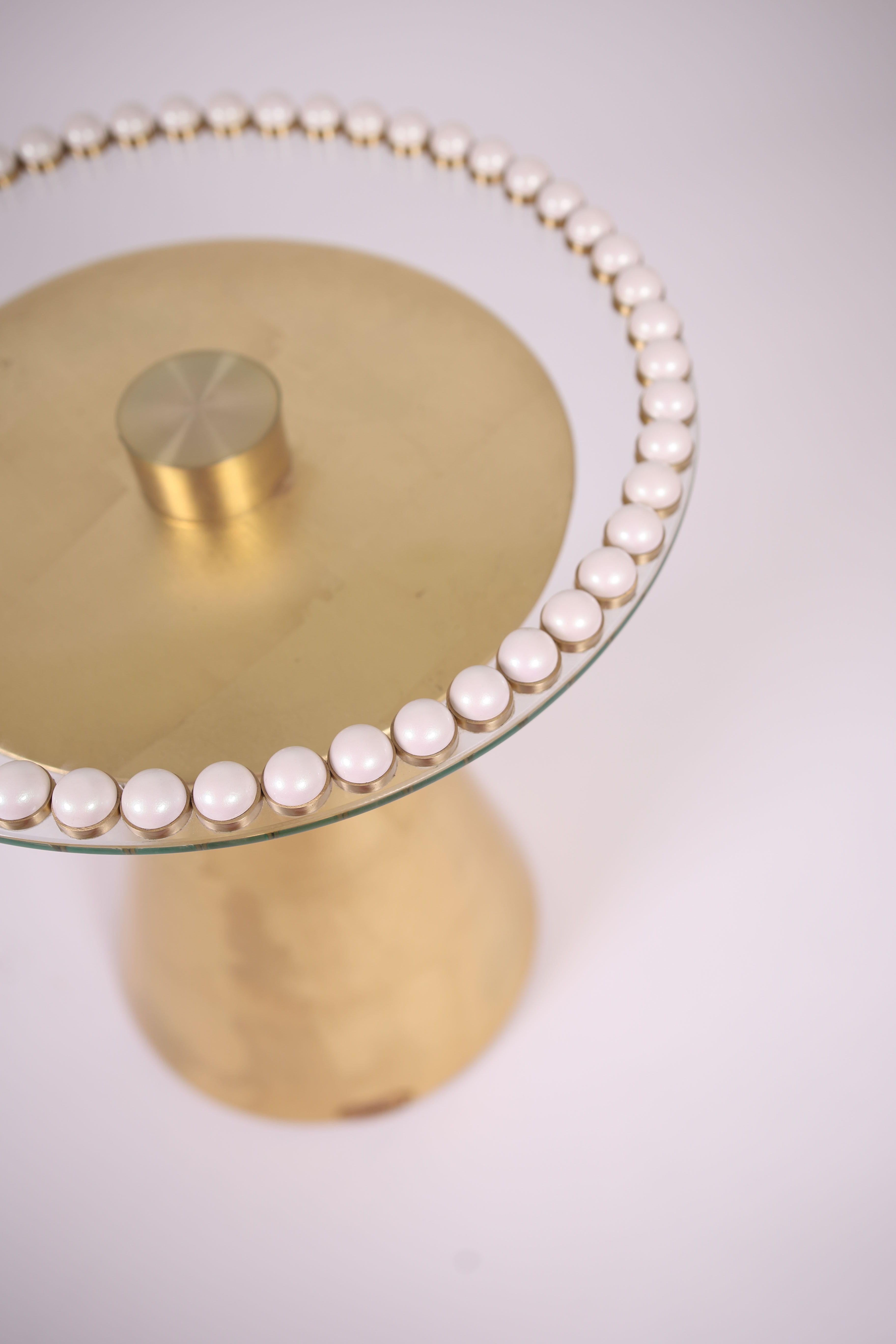 Post-Modern Gold-Leaf Brass-Rimmed Pearl-Studded Handcrafted Side/Accent Table For Sale