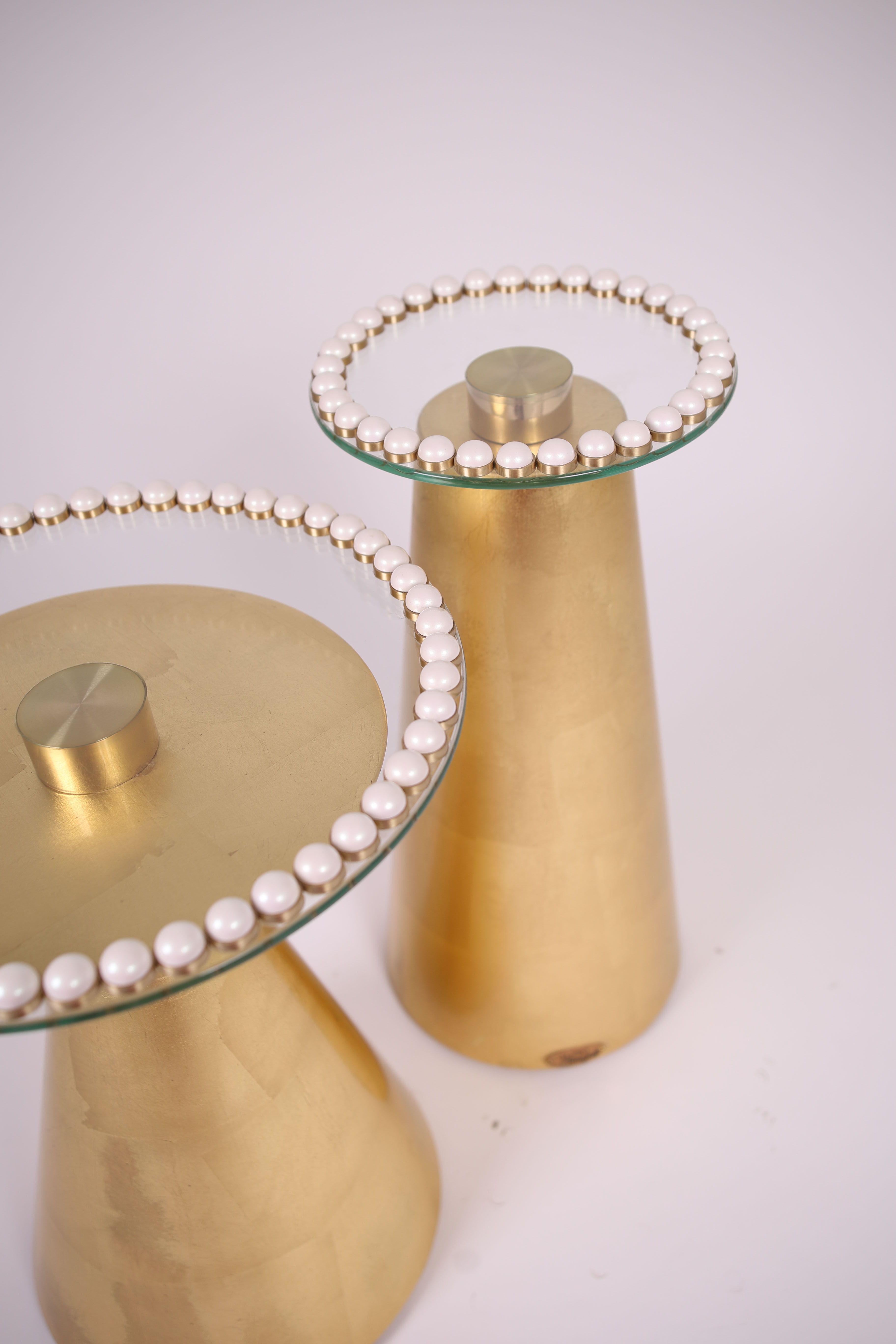 Hand-Carved Gold-Leaf Brass-Rimmed Pearl-Studded Handcrafted Side/Accent Table For Sale