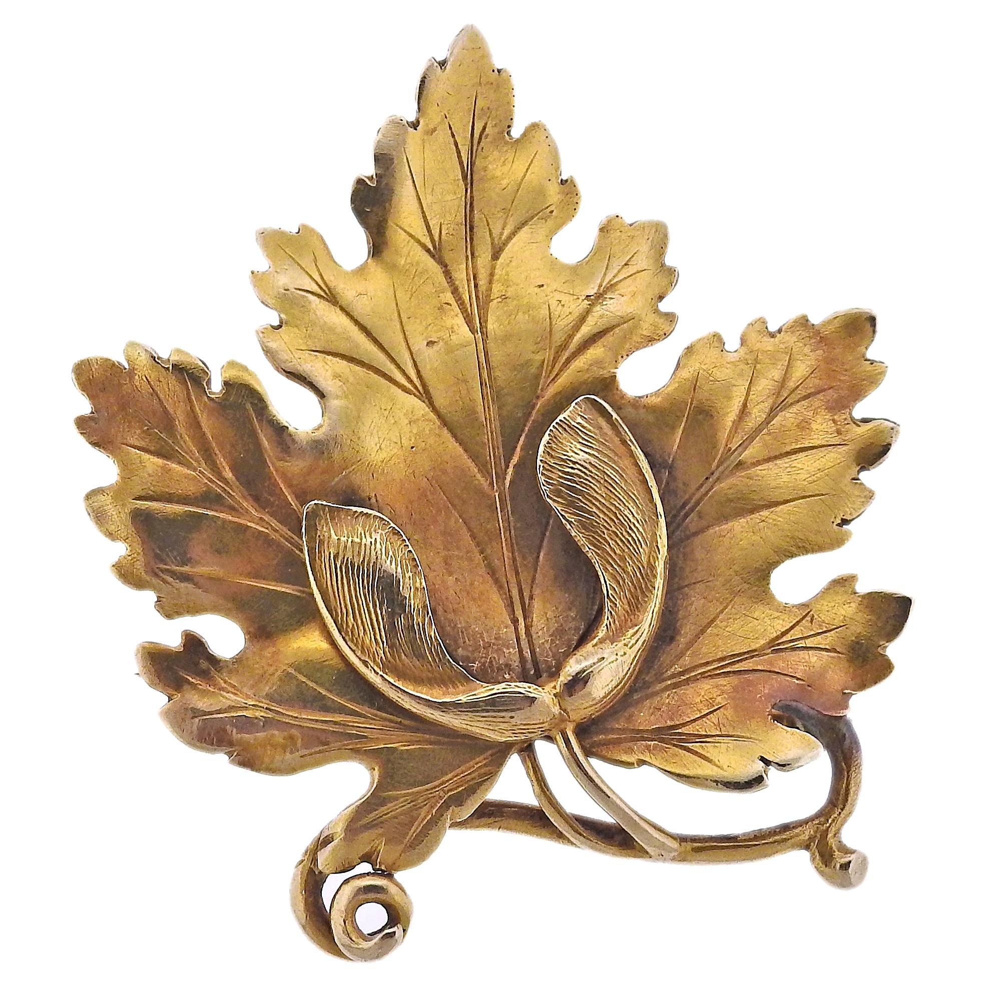 Gold Leaf Brooch Pin For Sale