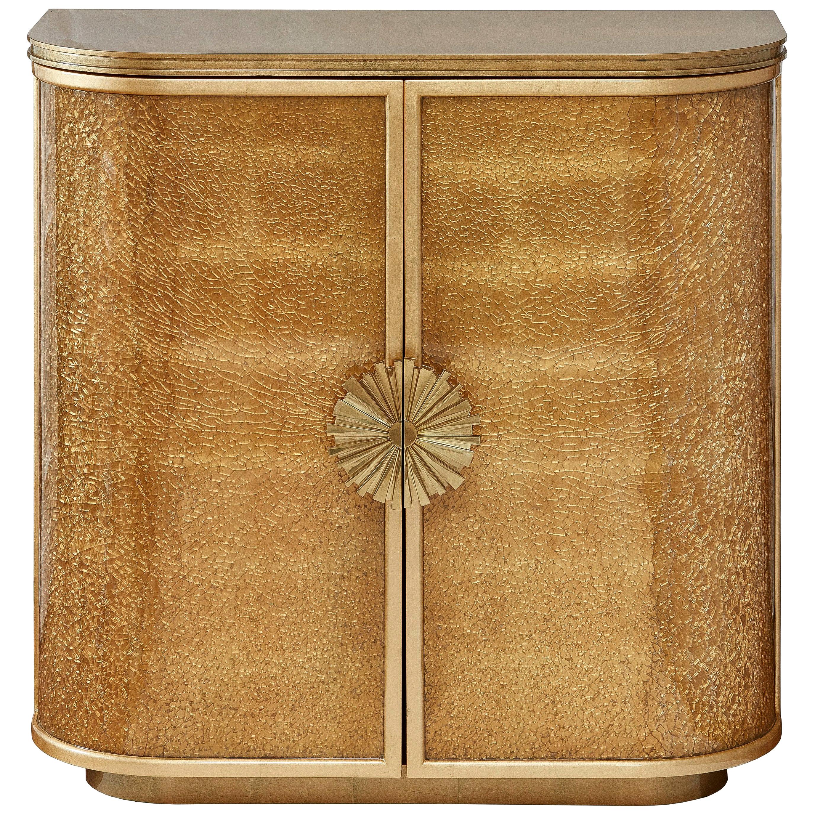 Gold Leaf Cabinet with Decorative Shattered Glass Panels, Customizable For Sale