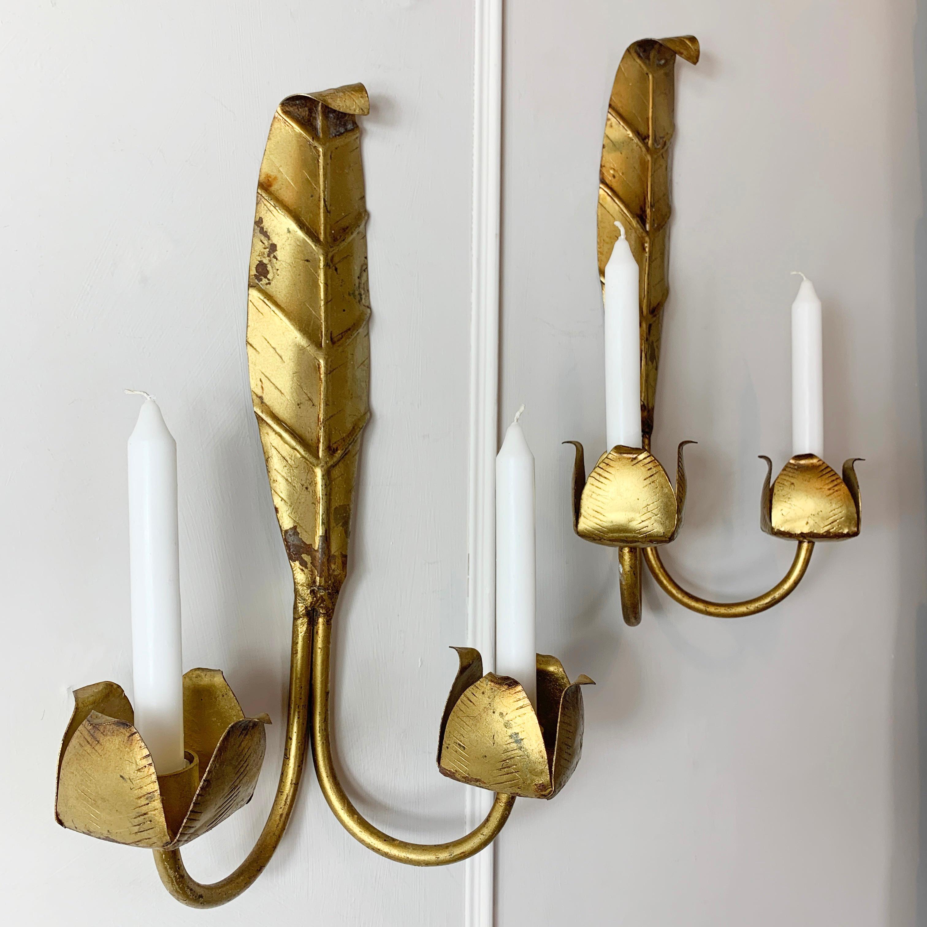 Gold Leaf Candle Sconces Mid Century French  For Sale 4