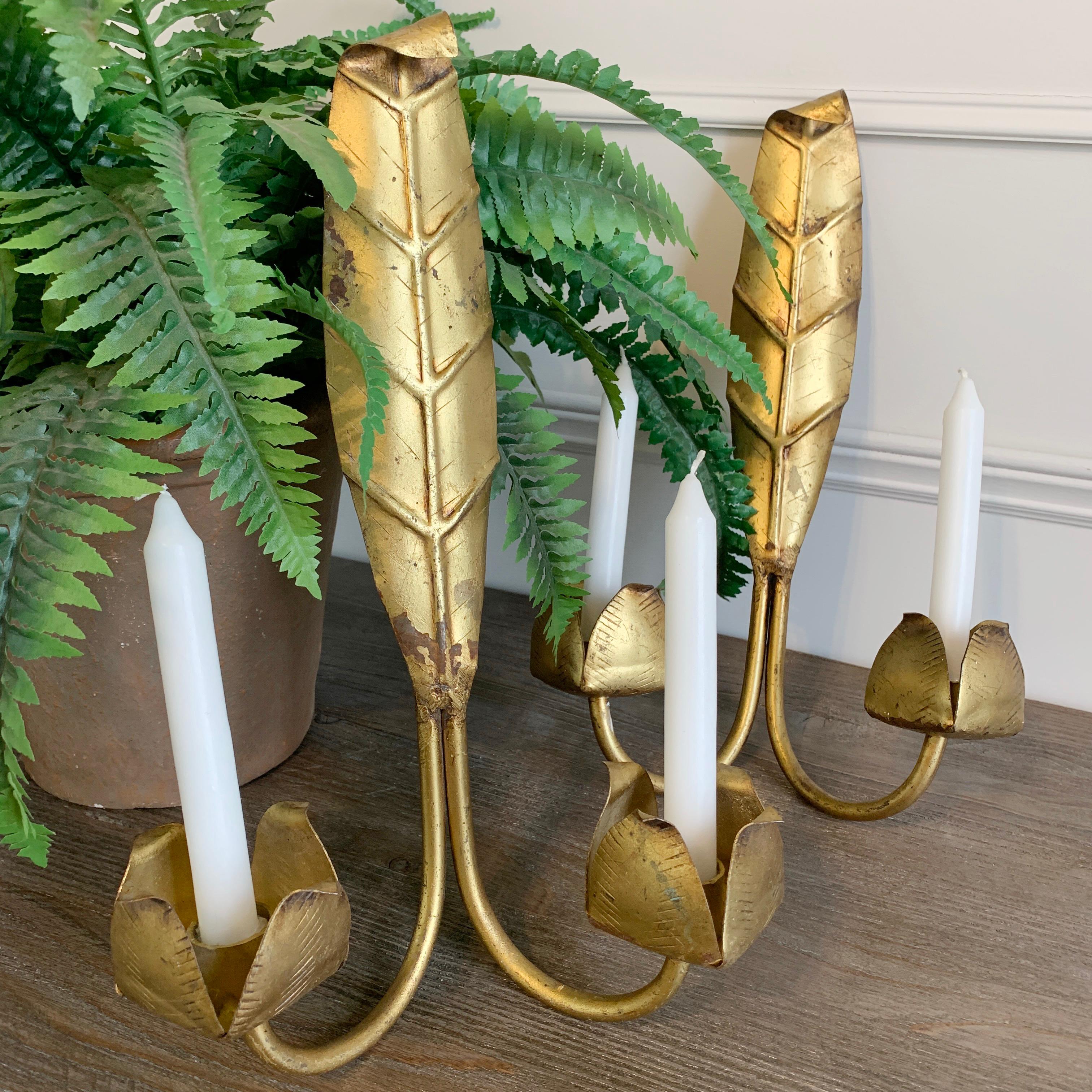 Gold Leaf Candle Sconces Mid Century French  For Sale 5