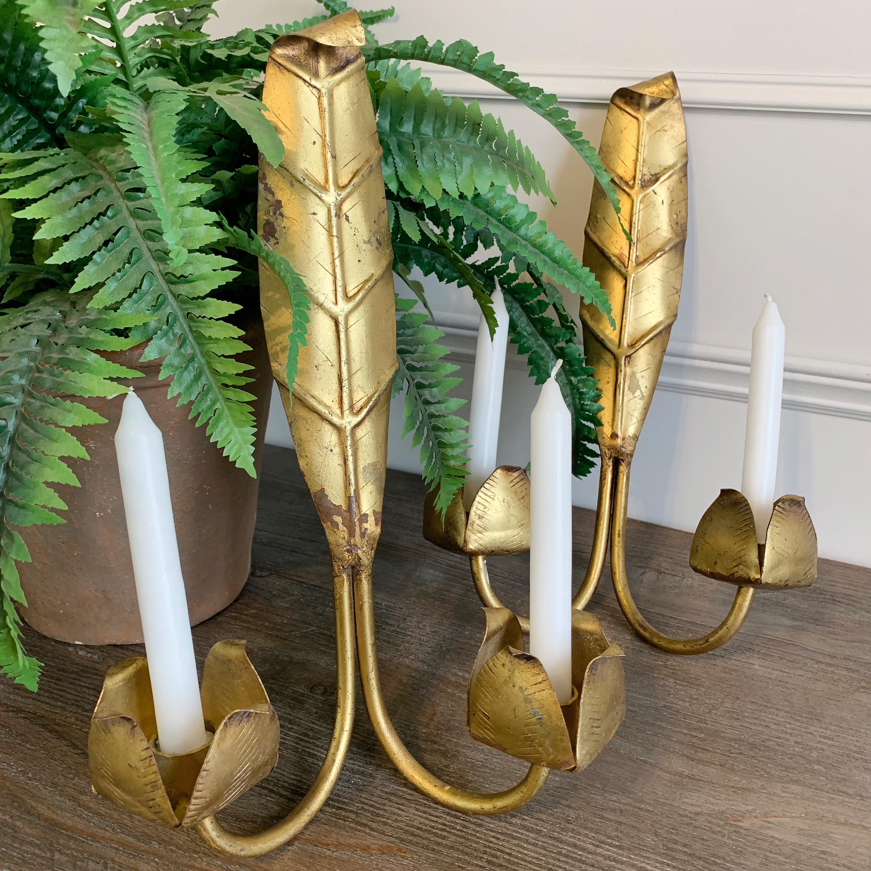Rococo Gold Leaf Candle Sconces Mid Century French  For Sale
