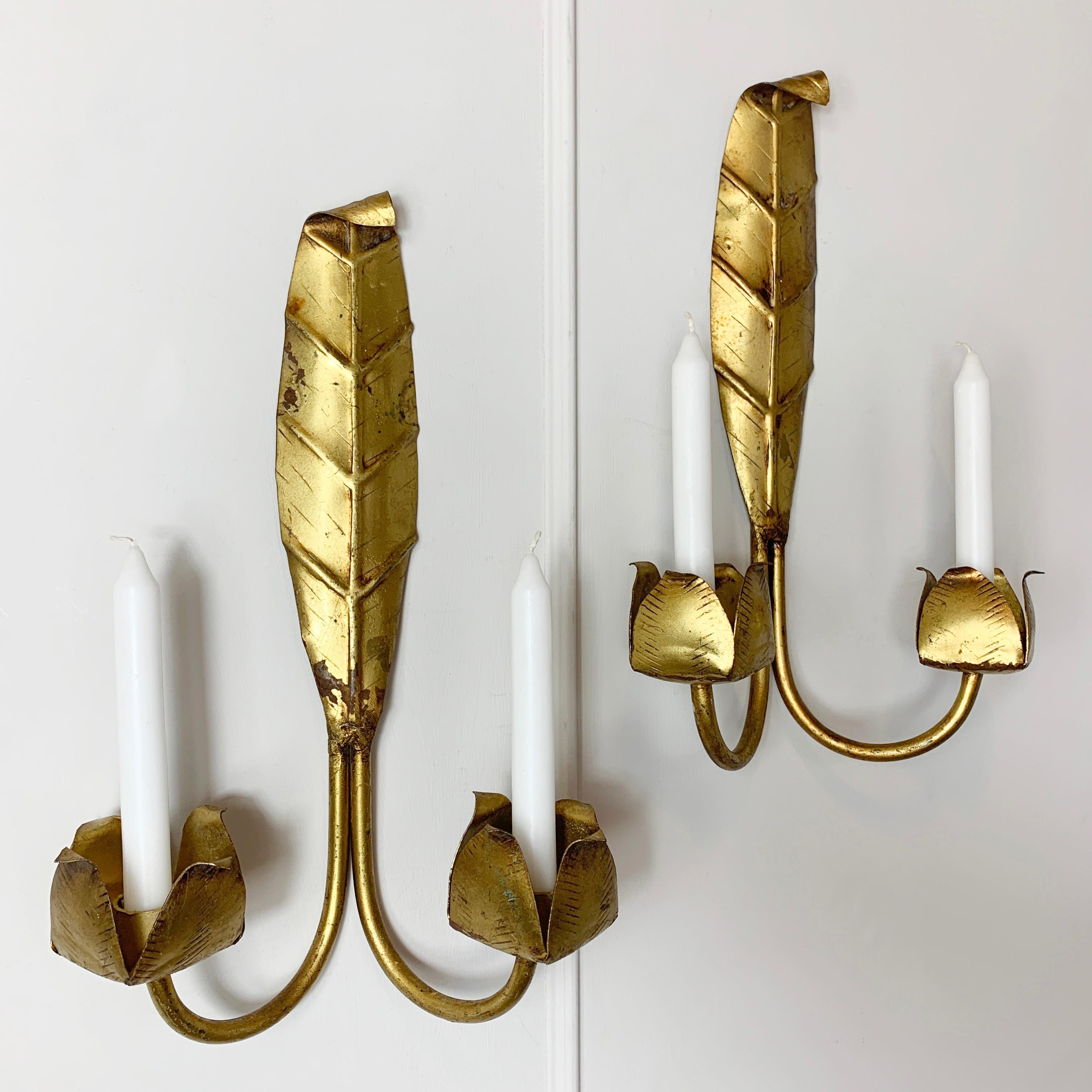 Gold Leaf Candle Sconces Mid Century French  In Good Condition For Sale In Hastings, GB