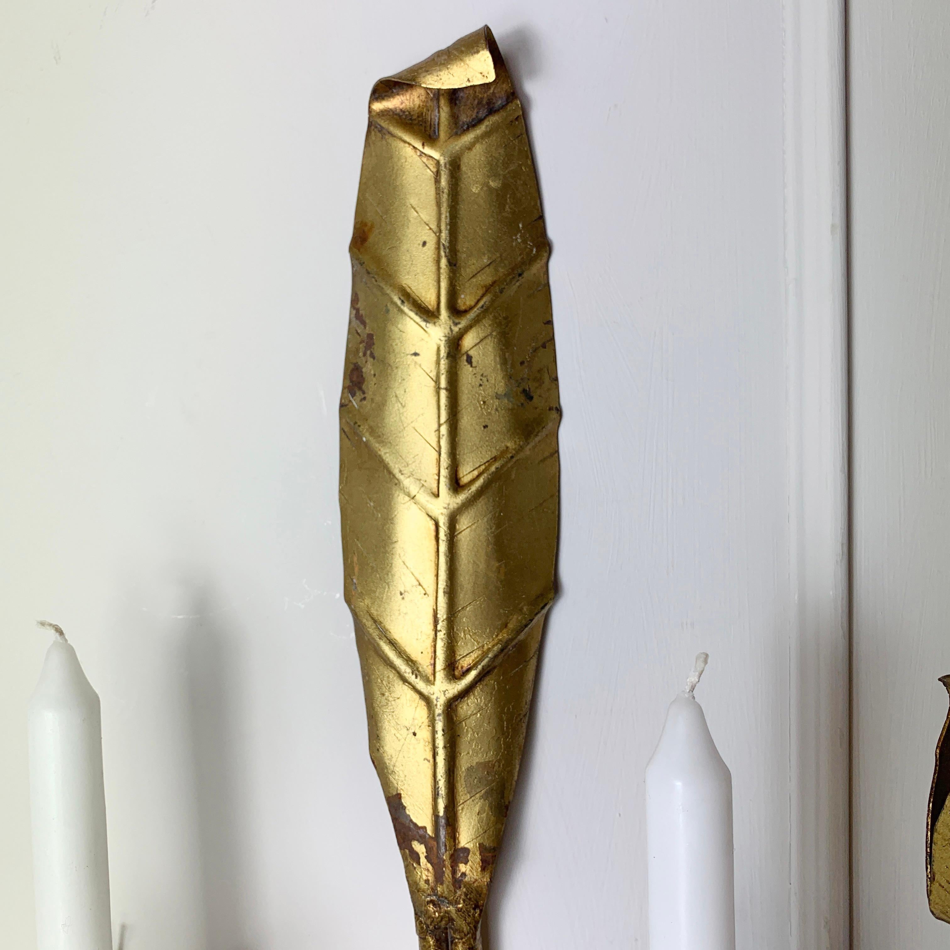 20th Century Gold Leaf Candle Sconces Mid Century French  For Sale