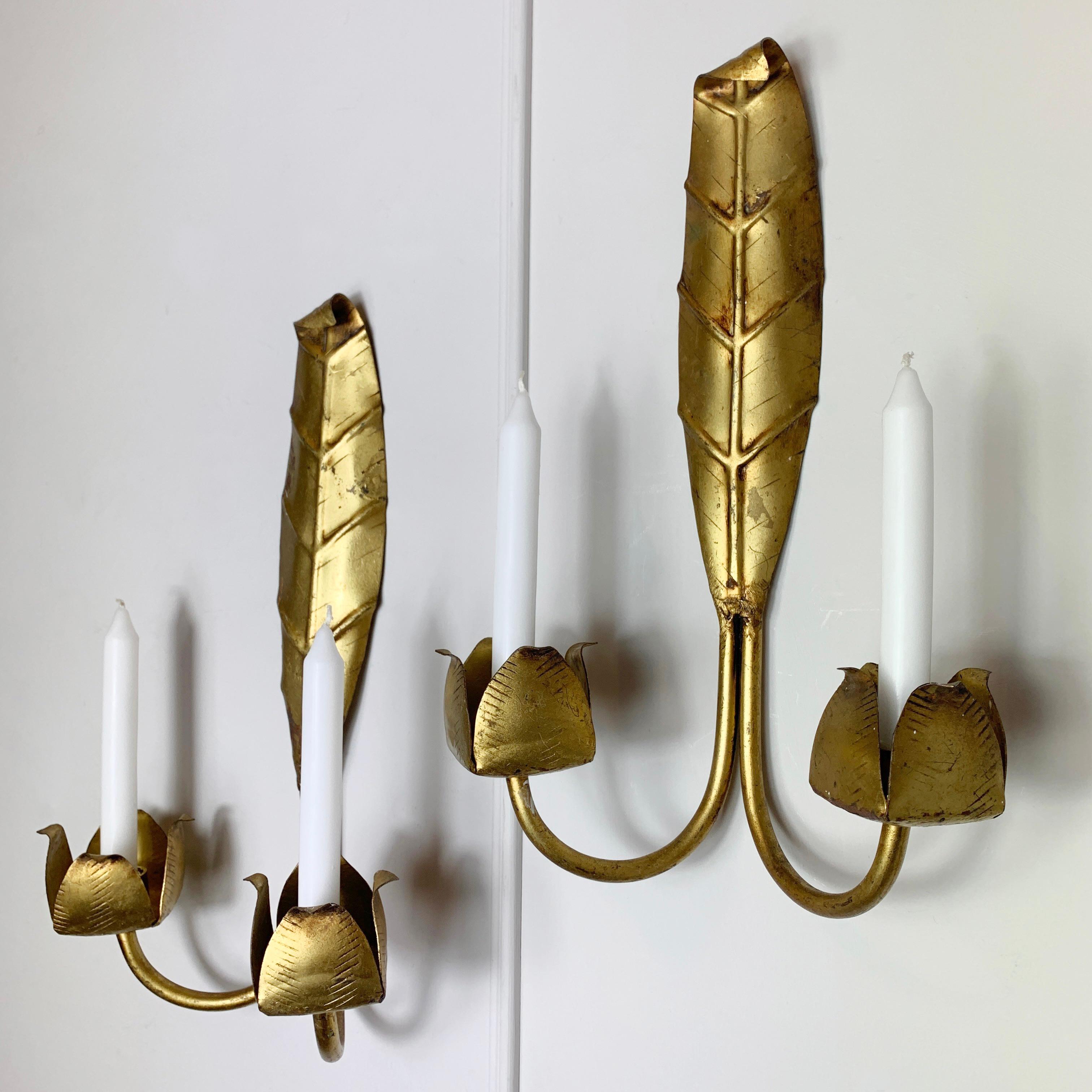 Metal Gold Leaf Candle Sconces Mid Century French  For Sale