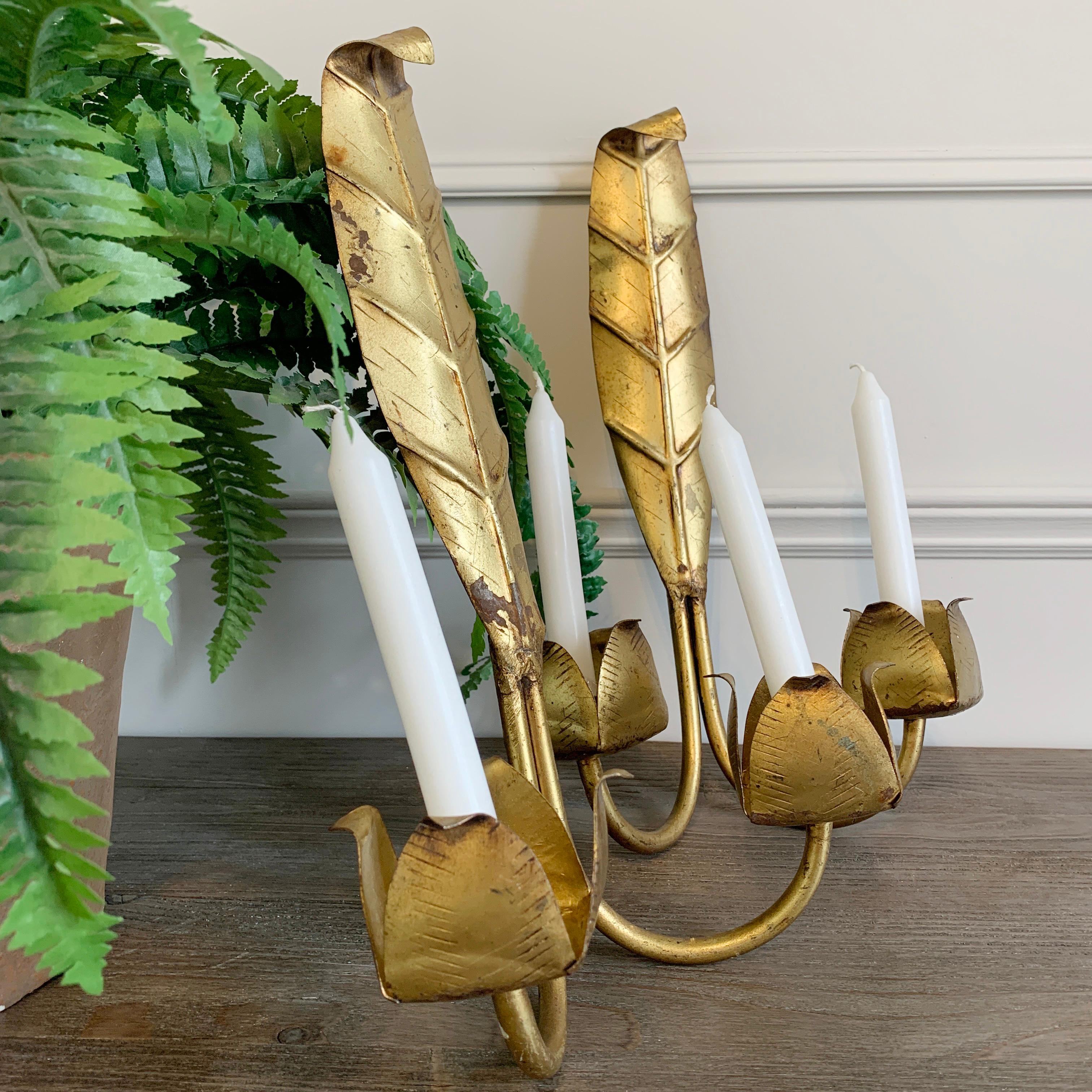 Gold Leaf Candle Sconces Mid Century French  For Sale 1
