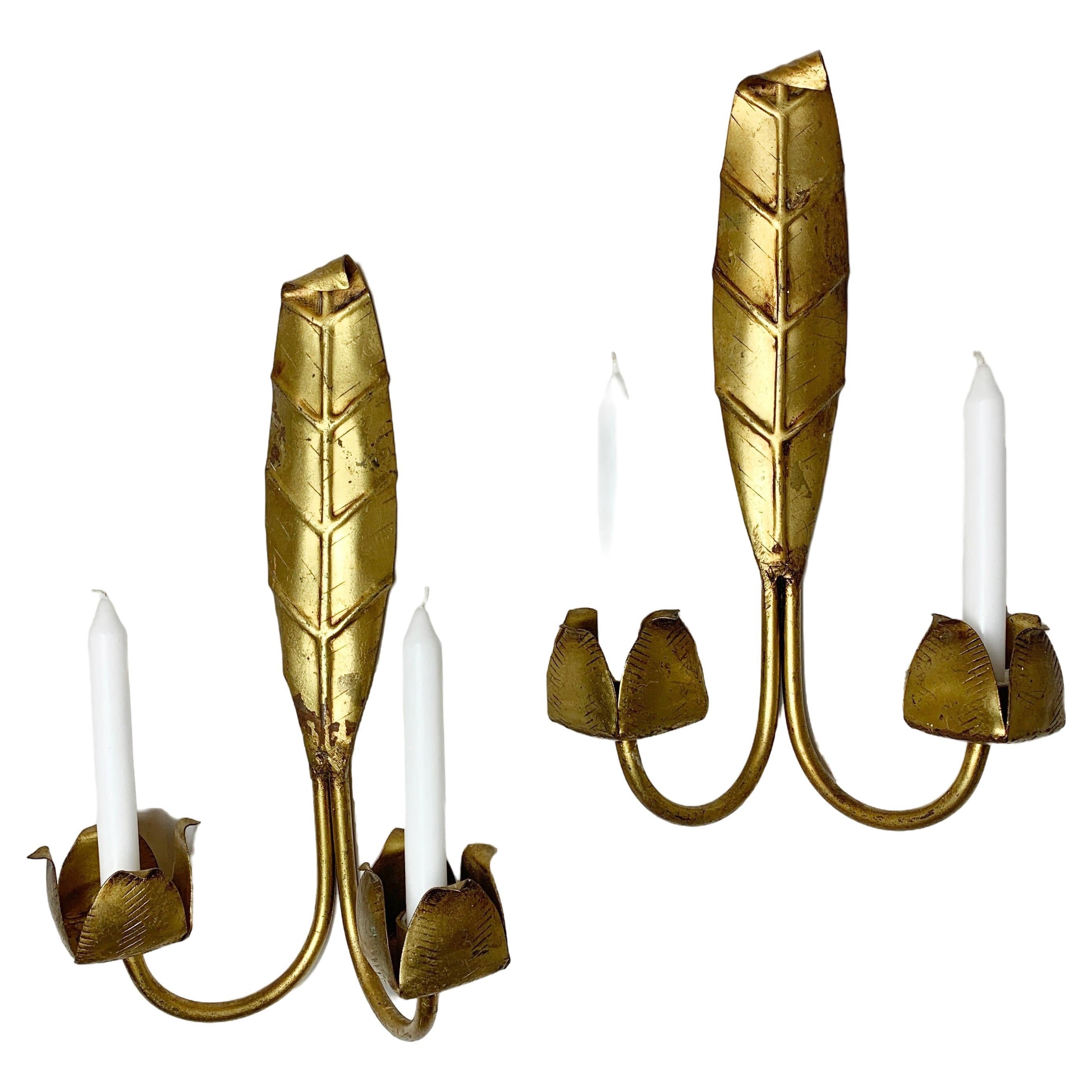 Gold Leaf Candle Sconces Mid Century French  For Sale