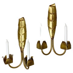Gold Leaf Candle Sconces Mid Century French 