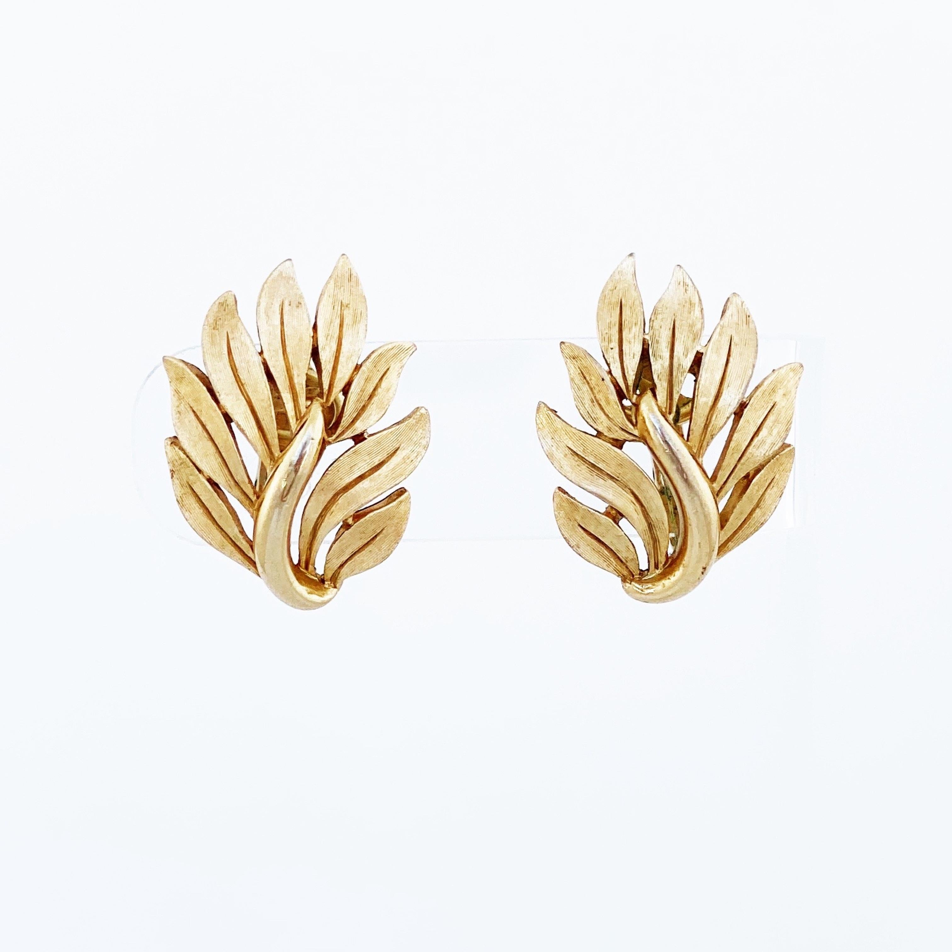 Modern Gold Leaf Climber Earrings By Crown Trifari, 1960s For Sale