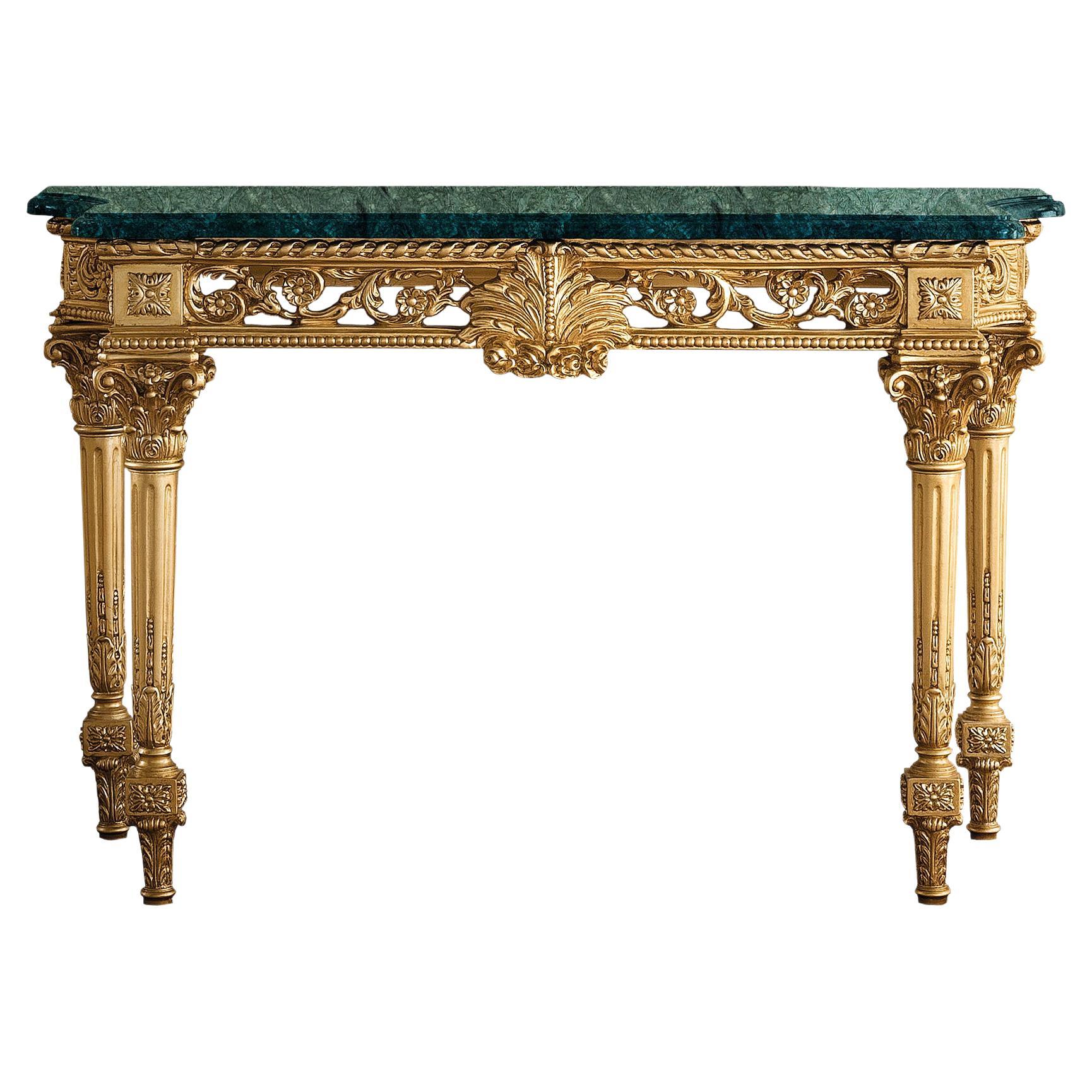 Gold Leaf Console with Guatemala Green Marble Top by Modenese Interiors For Sale