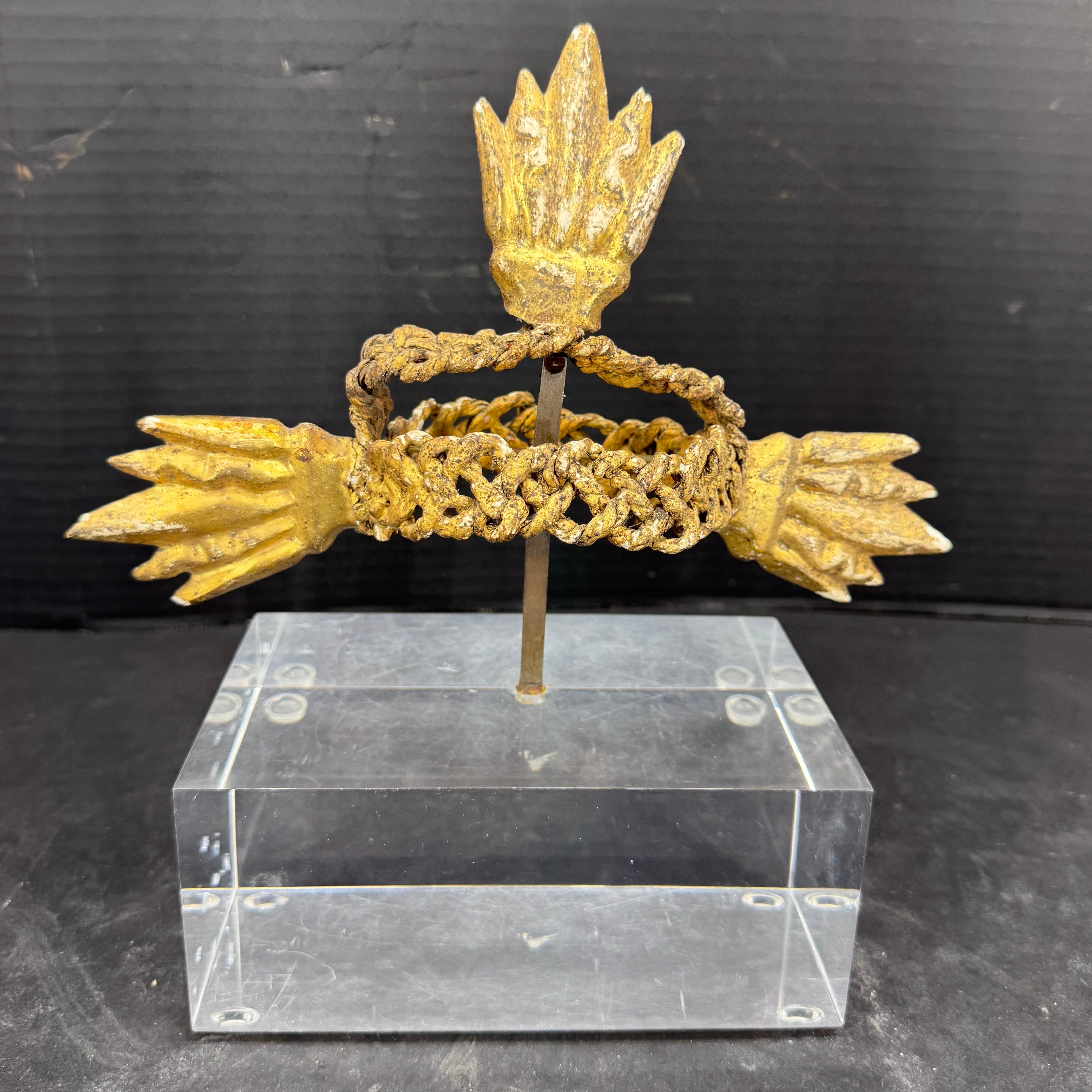 This rare 19th Century French gilt wood and rope fragment is a captivating piece of history as well as a striking standalone decorative accent. This unique sculpture features organic, flame or rays that rise gracefully, evoking movement and