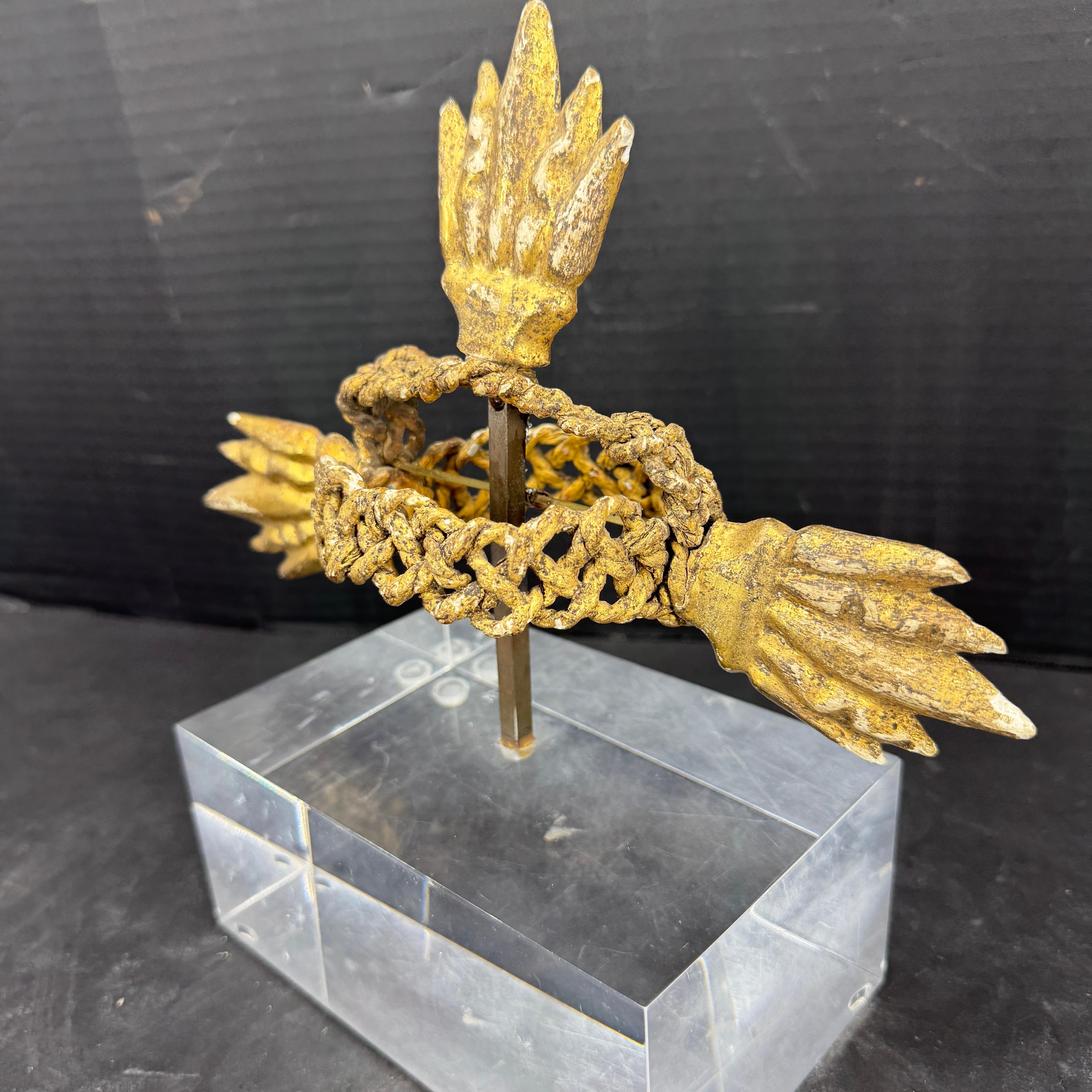 French Provincial Gold Leaf Crown Sculpture Fragment on Thick Lucite Base, 19th Century For Sale
