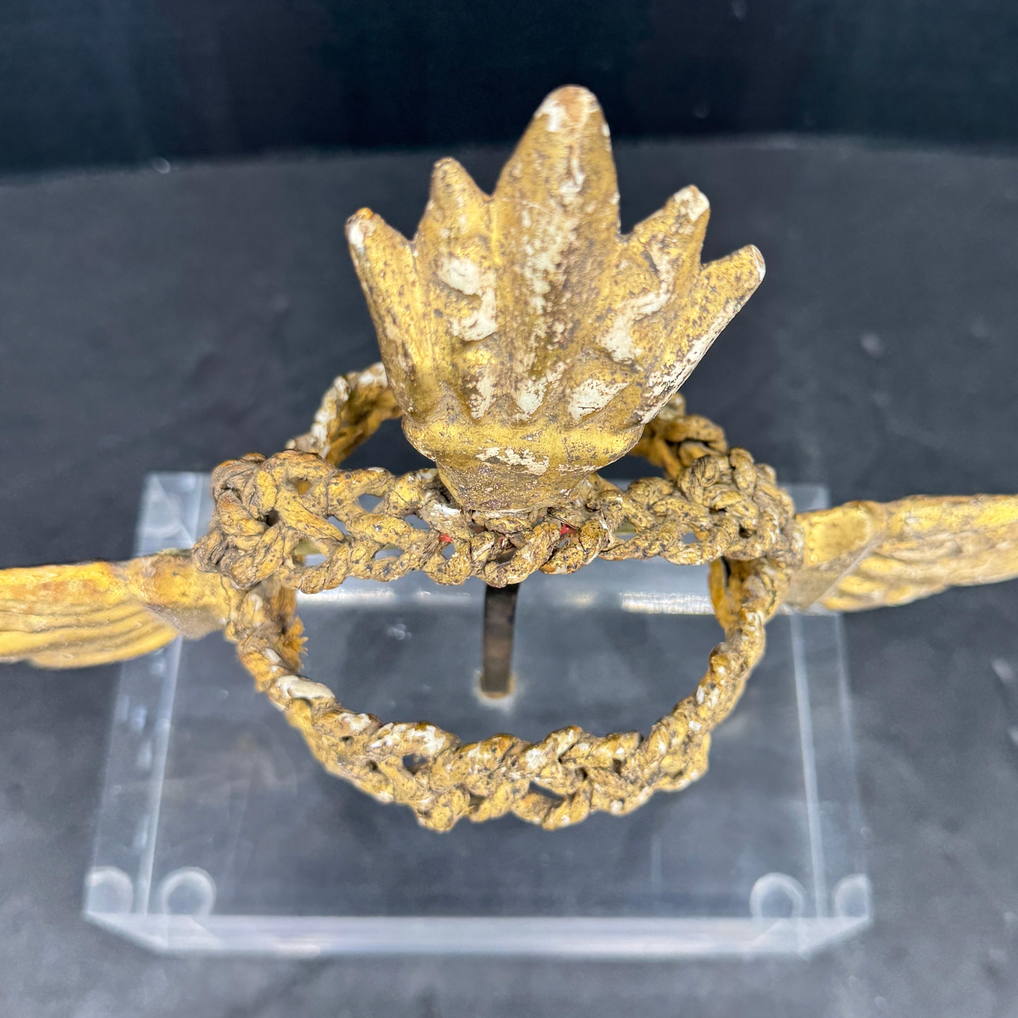 French Gold Leaf Crown Sculpture Fragment on Thick Lucite Base, 19th Century For Sale