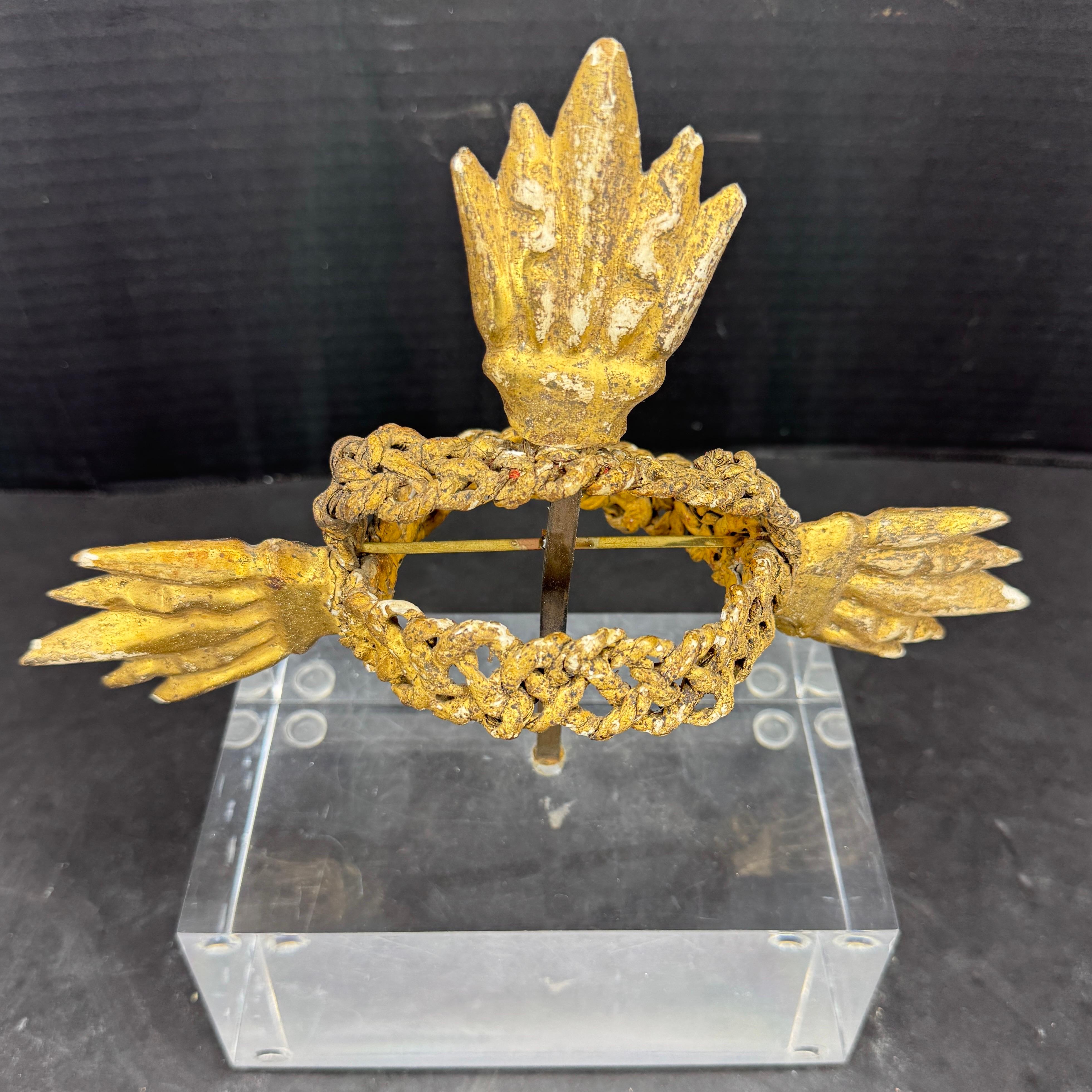 Hand-Crafted Gold Leaf Crown Sculpture Fragment on Thick Lucite Base, 19th Century For Sale