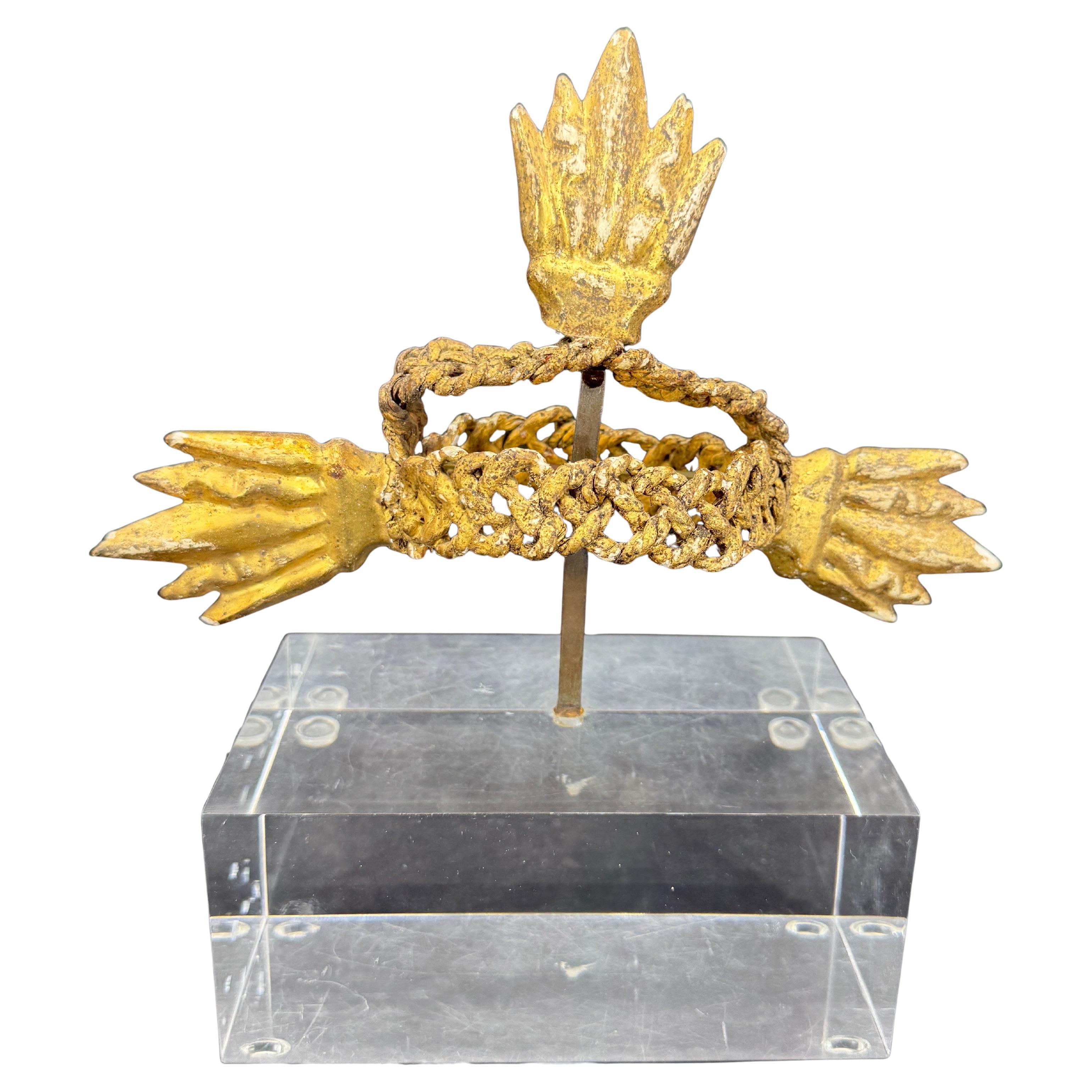 Gold Leaf Crown Sculpture Fragment on Thick Lucite Base, 19th Century For Sale