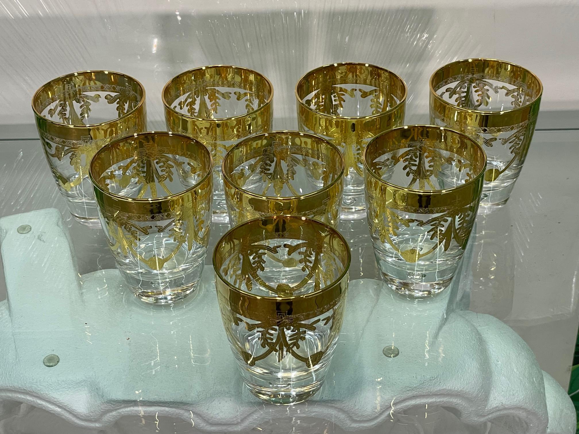 Hollywood Regency Gold Leaf Crystal Barware Glasses by Creart of Italy For Sale