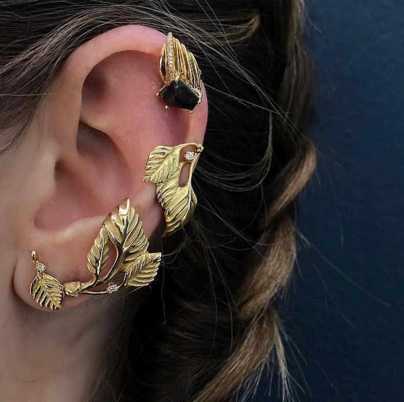 Round Cut Gold leaf cuff earring For Sale