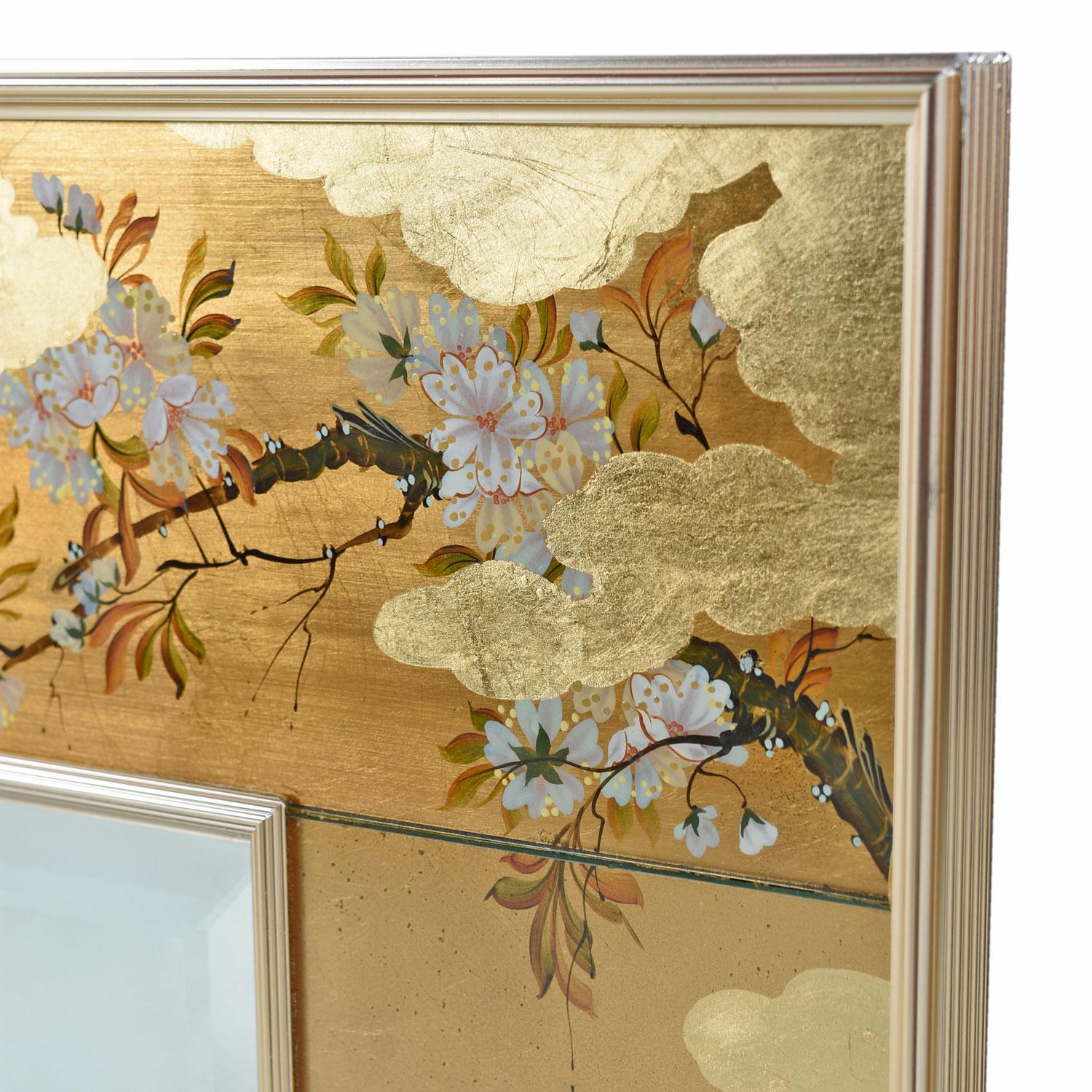 American Gold Leaf Églomisé Chinoiserie Brass Frame Mirror by Labarge, Signed and Dated