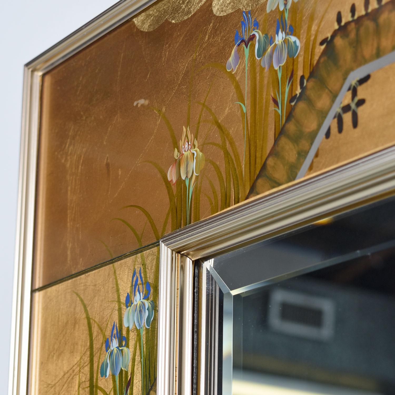 Gold Leaf Églomisé Chinoiserie Brass Frame Mirror by Labarge, Signed and Dated In Excellent Condition In Chattanooga, TN