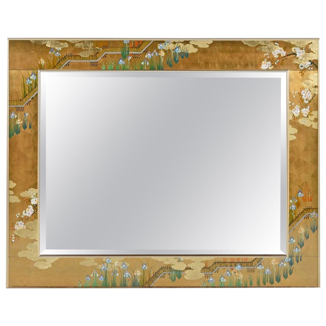 Gold Leaf Églomisé Chinoiserie Brass Frame Mirror by Labarge, Signed and Dated