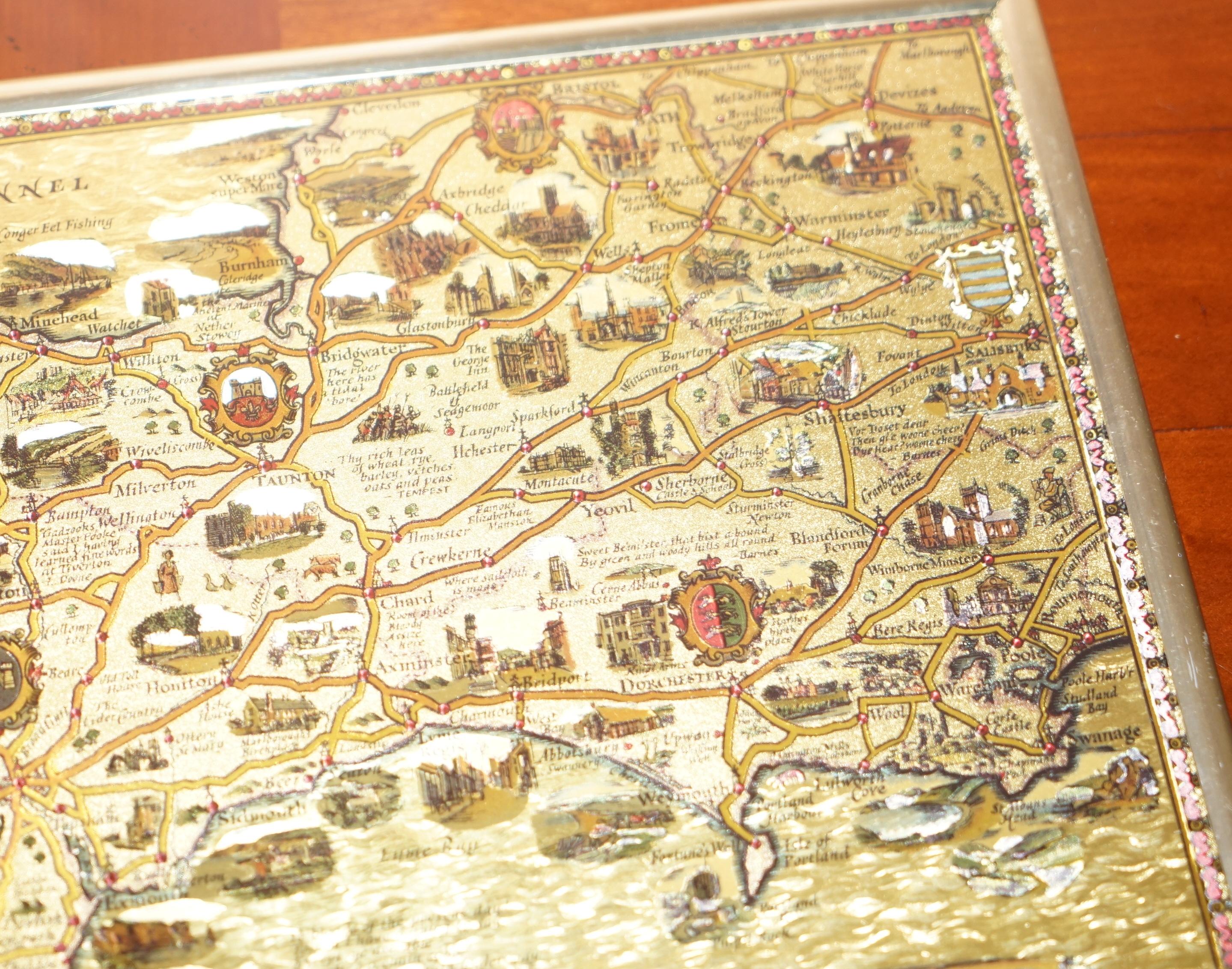 Gold Leaf Foil Pictorial Plan Map of the West Country of England Antique Style For Sale 1