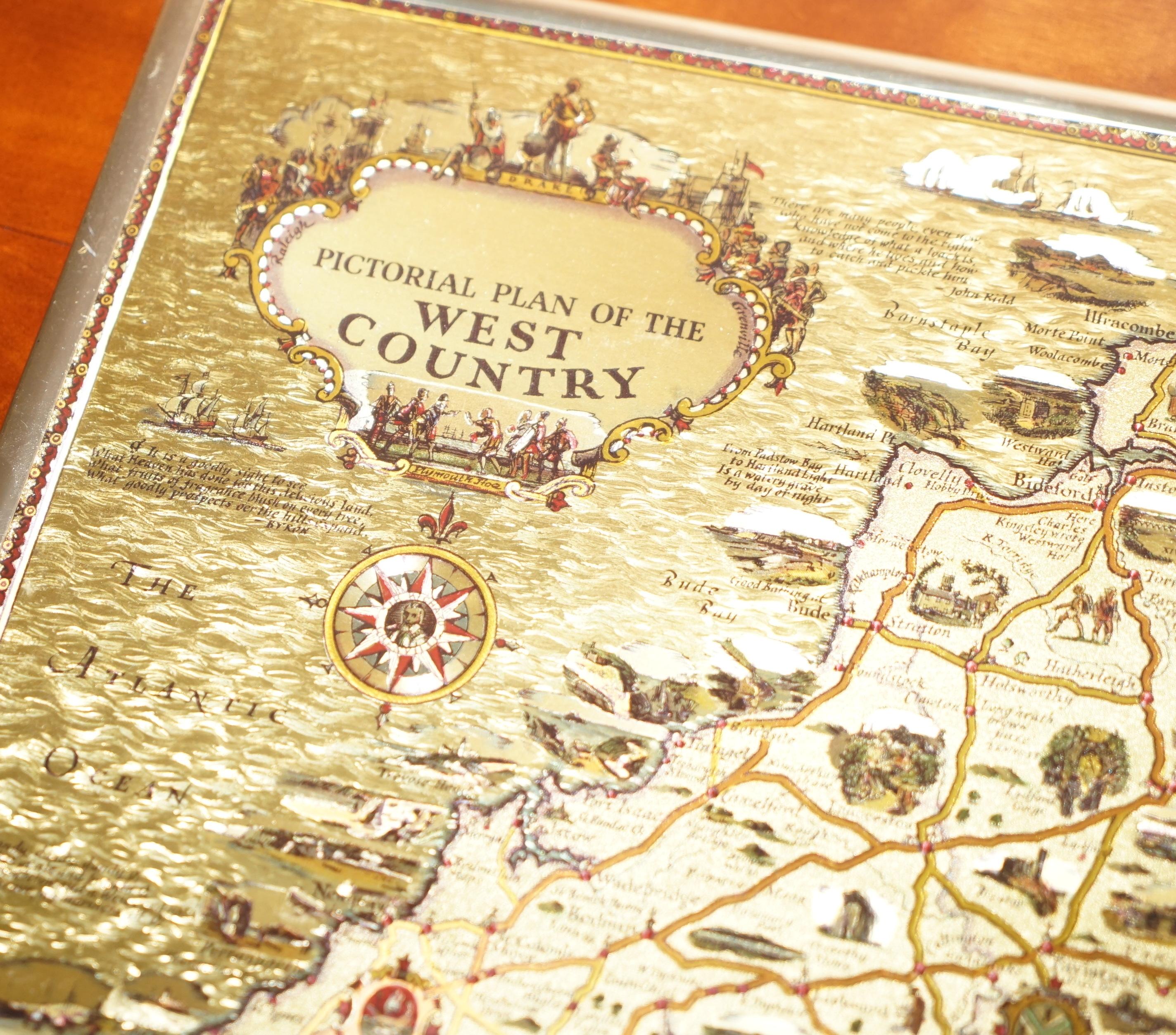 Gold Leaf Foil Pictorial Plan Map of the West Country of England Antique Style For Sale 1