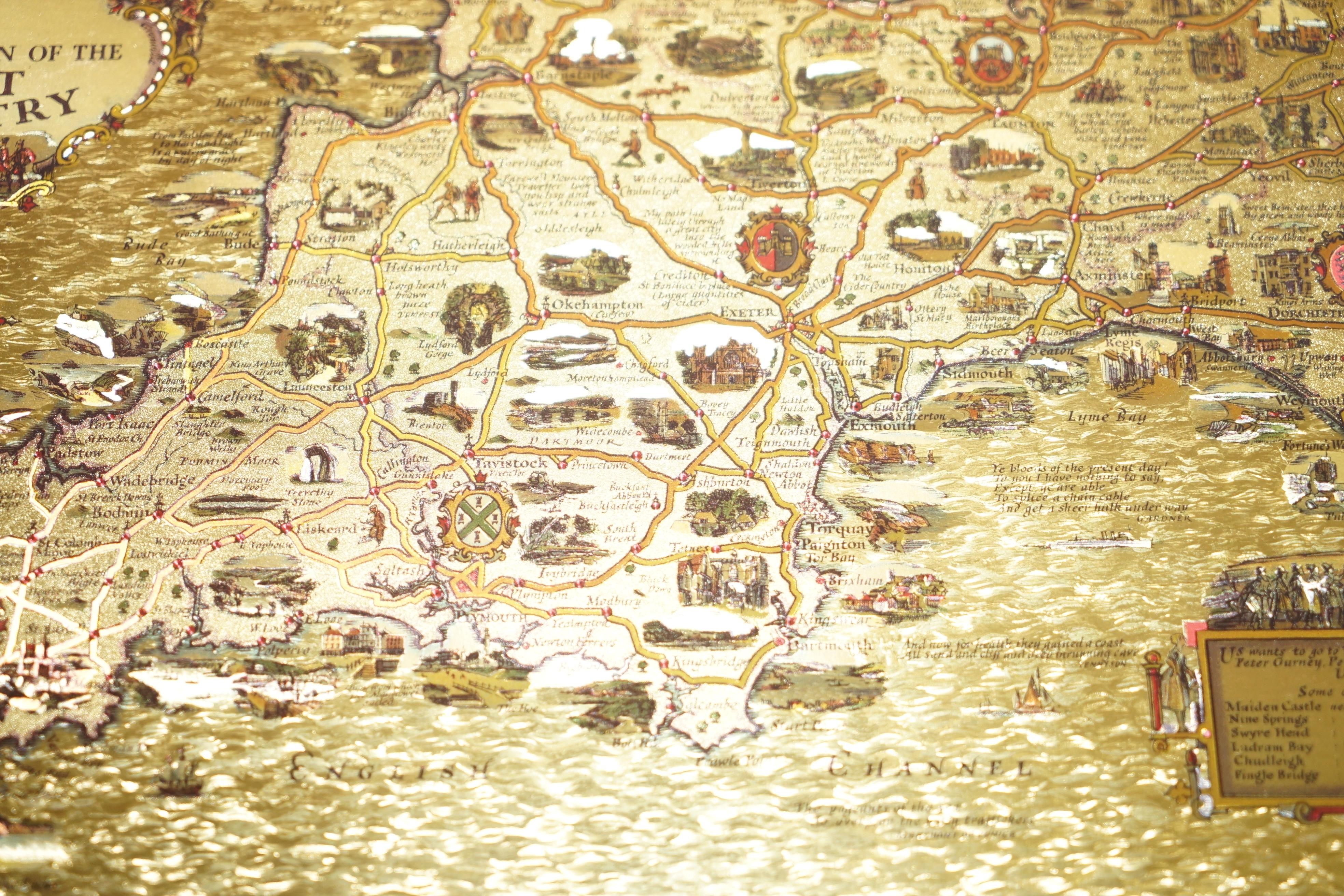 Gold Leaf Foil Pictorial Plan Map of the West Country of England Antique Style For Sale 4