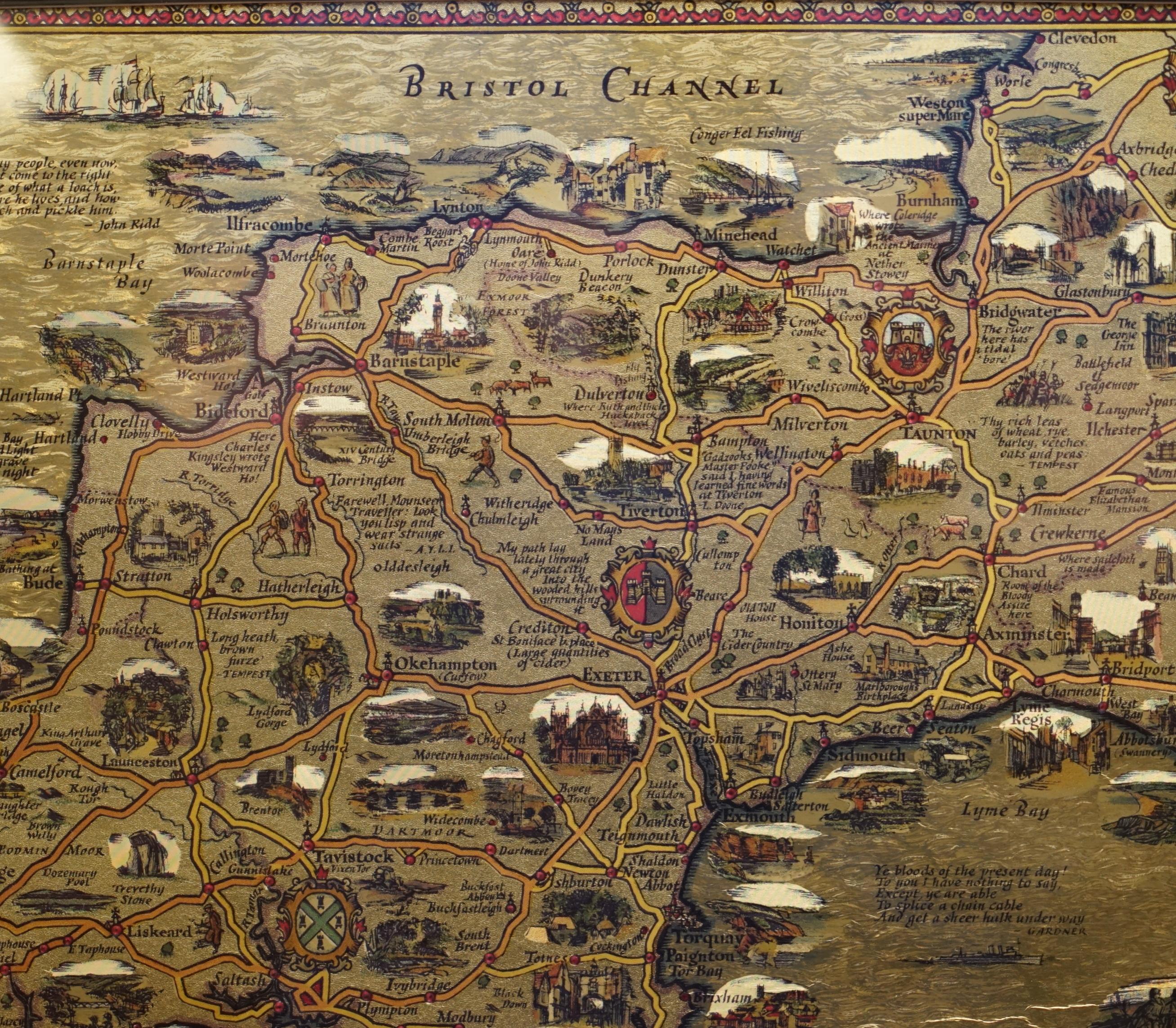 Feuille d'or Carte de l'Ouest de l'Angleterre à la feuille d'or et à la feuille d'érable, style antique en vente