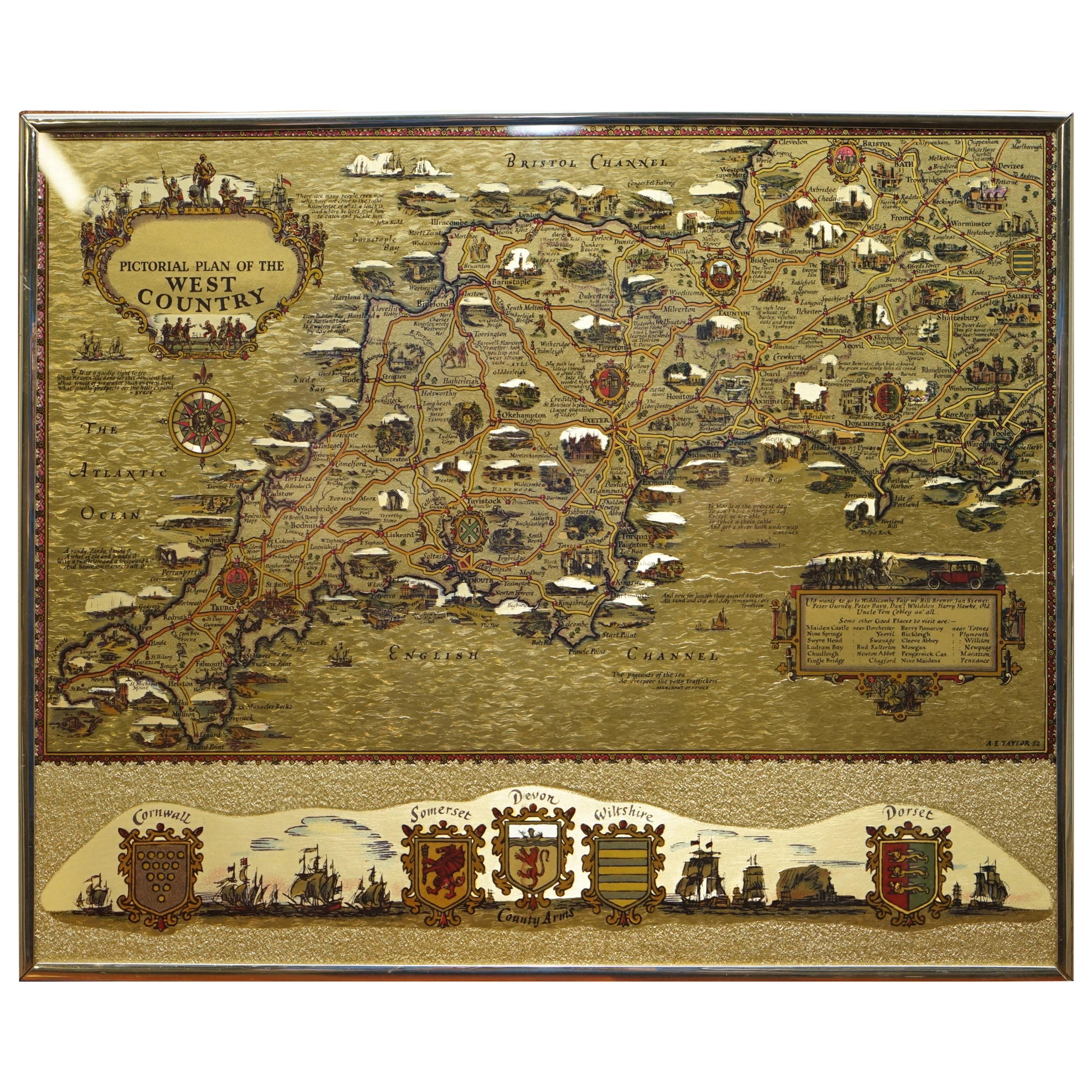 Gold Leaf Foil Pictorial Plan Map of the West Country of England Antique Style For Sale