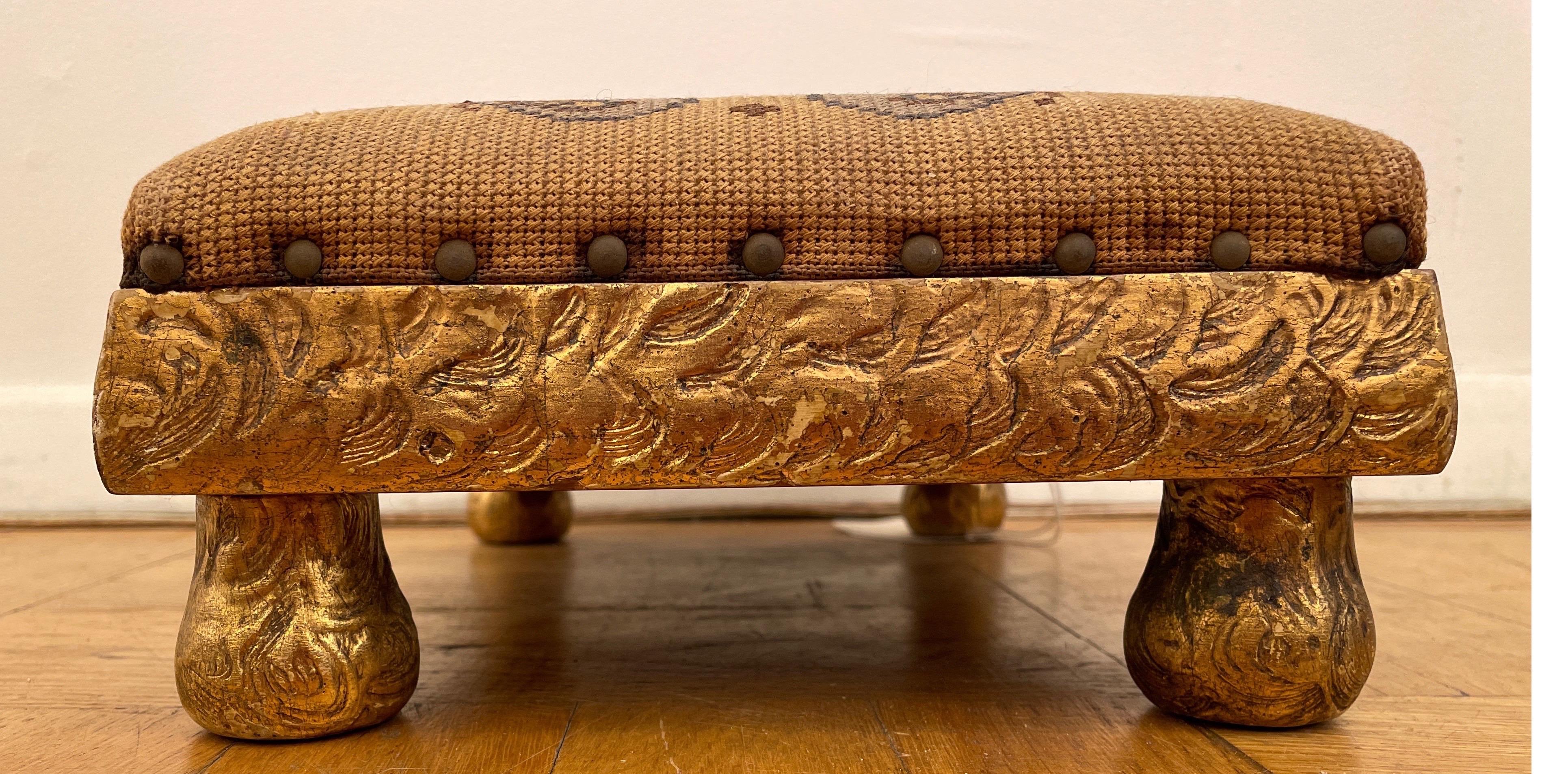 Swedish Gold Leaf Footstool with Hand Embroidery For Sale