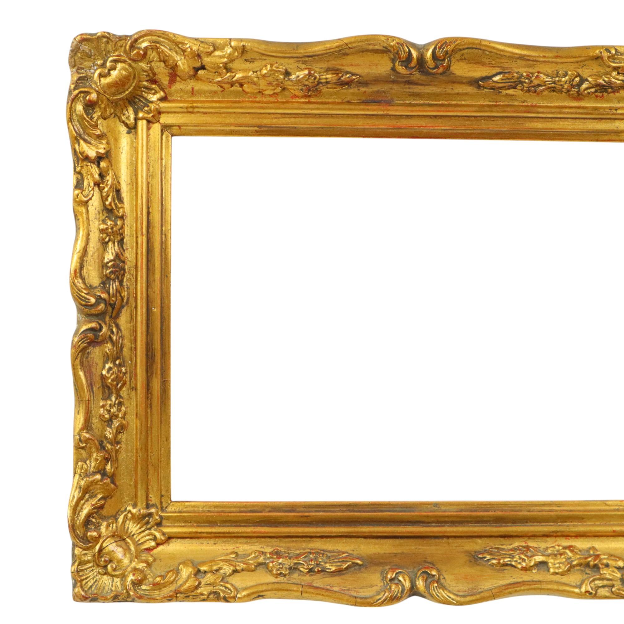 Beautiful vintage gold leaf gilded pine frame with gesso acanthus decoration, frame fully decorated in classic baroque style, first half of the 20th century.

Nice size of frame to be creative with, as a mirror, chalkboard, Christmas decoration or