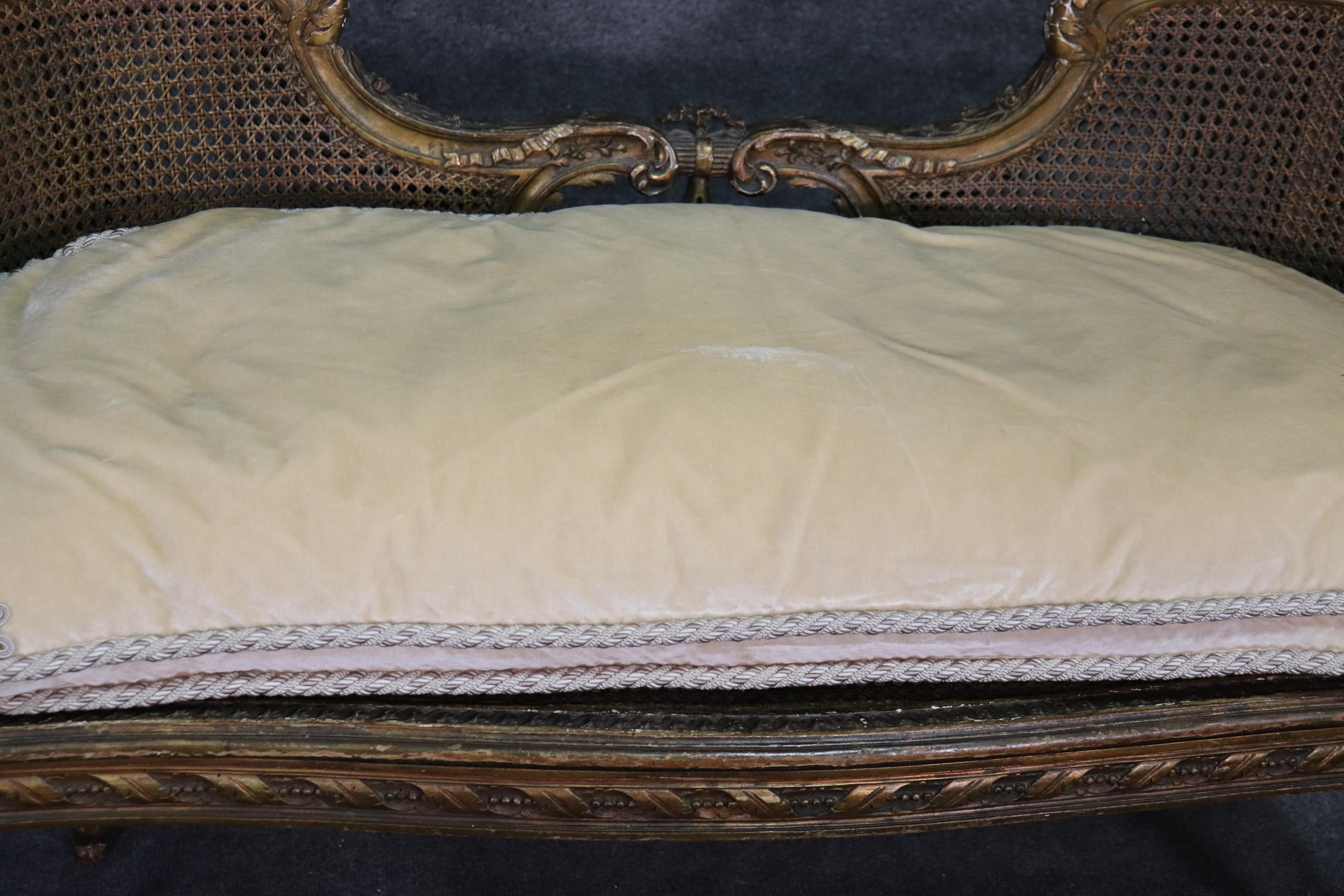 Cane Gold Leaf Gilded French Louis XVI Carved Window Bench Settee, circa 1870