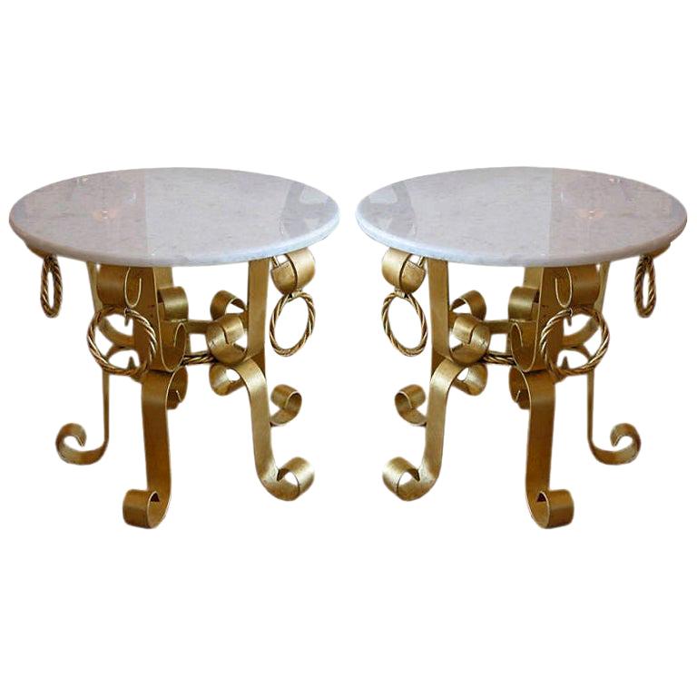 Gold Leaf Gilded Iron and Marble-Top End or Side Tables Pair of Italian Vintage