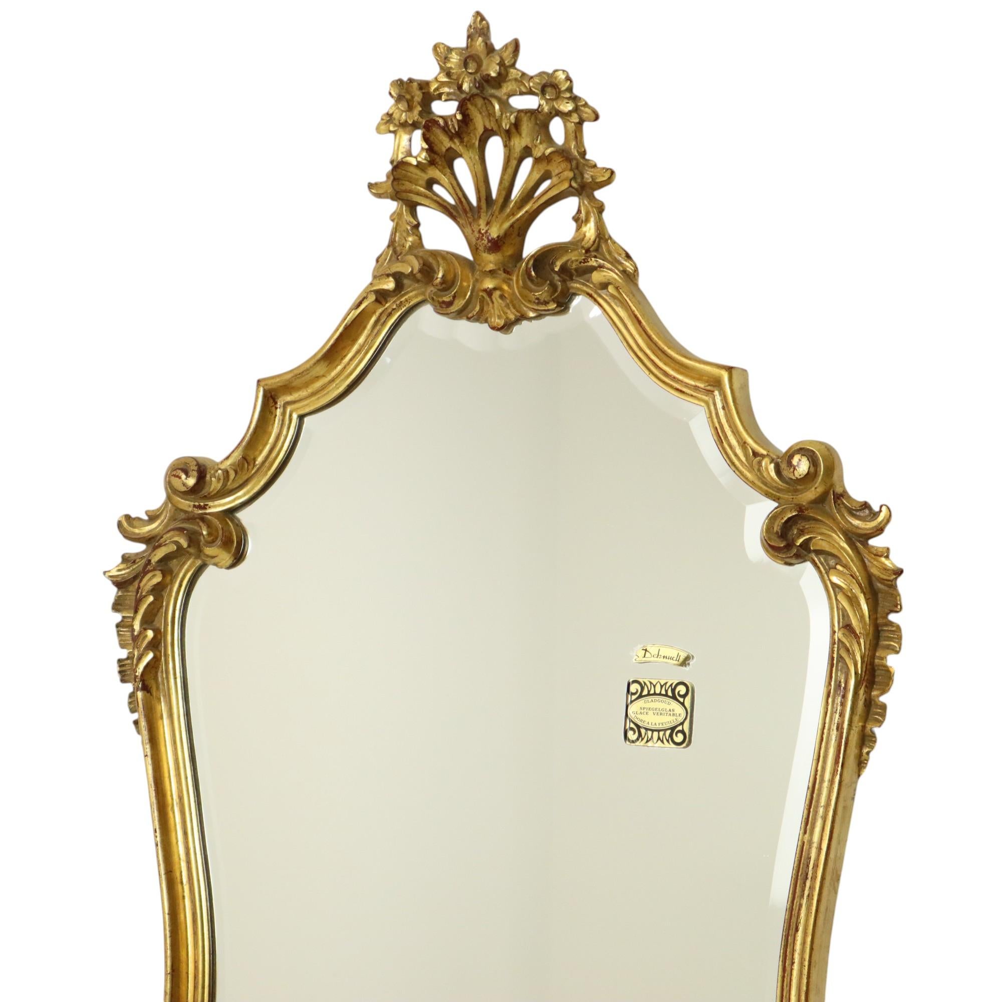 Belgian Gold Leaf Gilded Mirror Deknudt Facet Baroque Crested Mirror 93cm For Sale