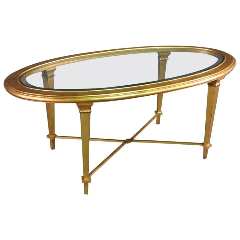 Gold Leaf Gilded Steel French Directoire Beveled Glass Oval Coffee Table At 1stdibs
