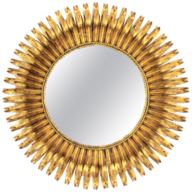 Gold Leaf Gilt Iron Hand Hammered Eyelash Round Sunburst Mirror Gold Leaf Gilt Iron Hand Hammered